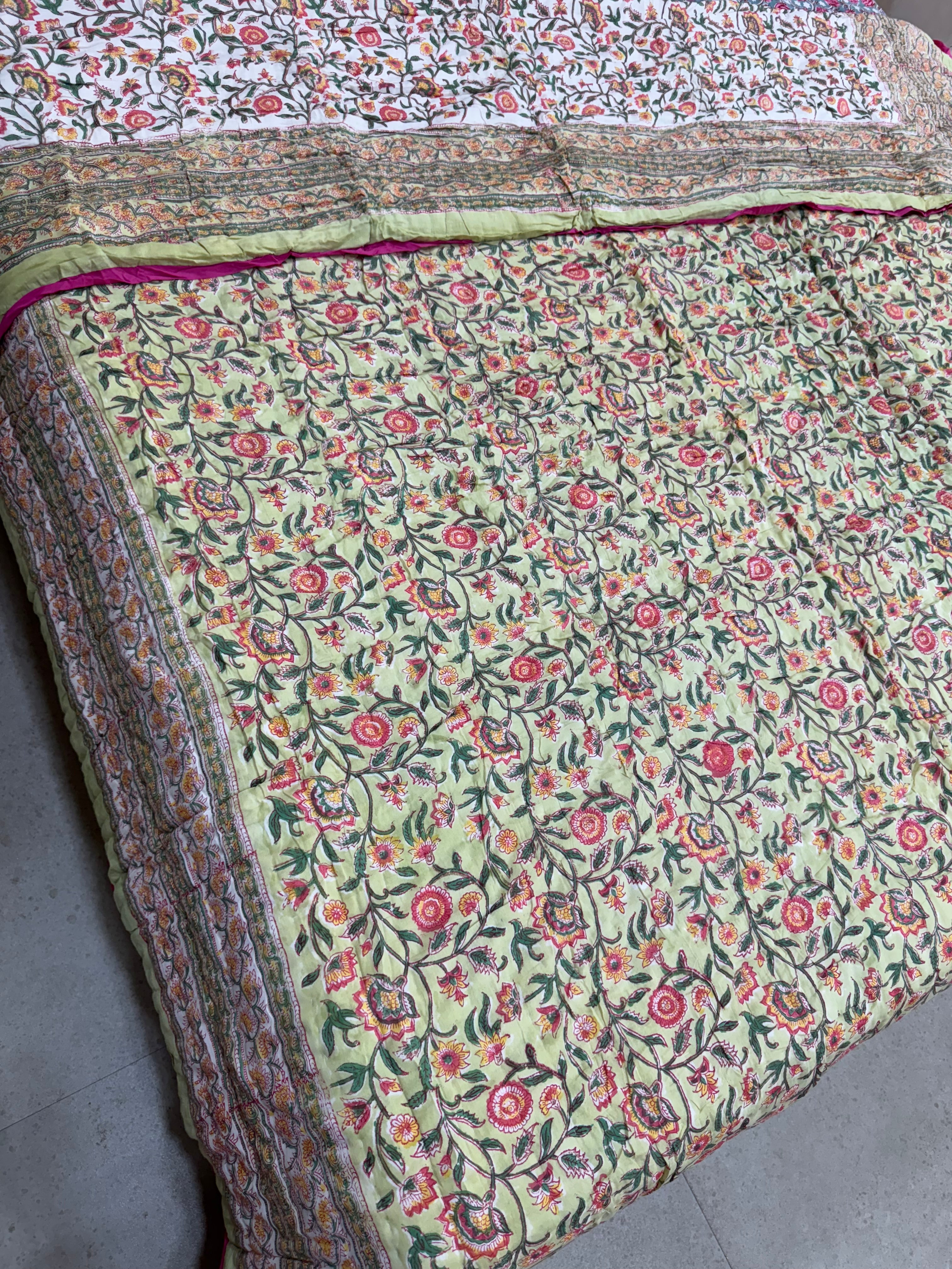 FESTIVE HAND BLOCK PRINTED REVERSIBLE QUILT (DOUBLE BED)