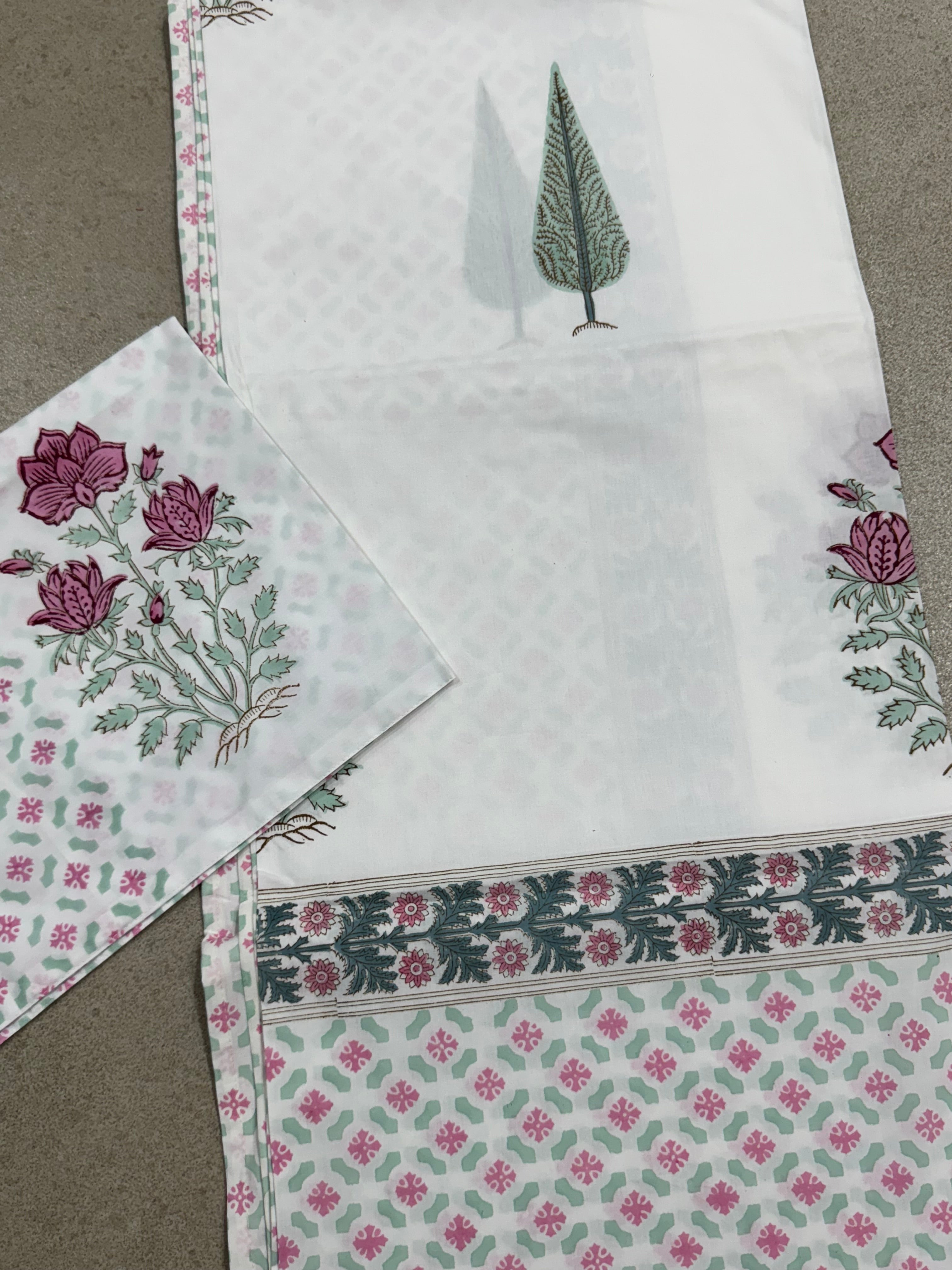 HAND BLOCK PRINTED BEDSHEET WITH ONE PILLOW COVER