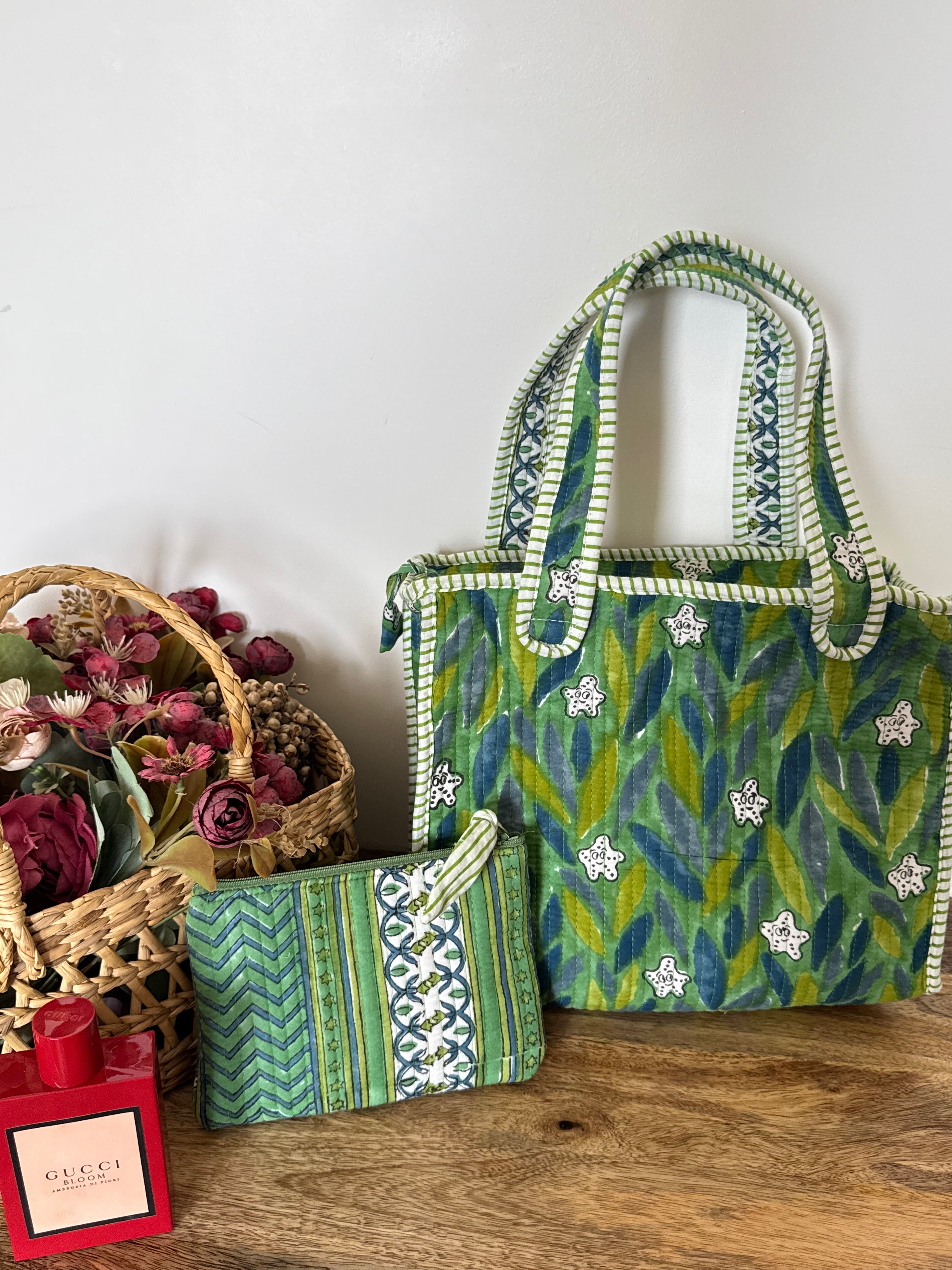 REVERSIBLE MINI TOTE BAG WITH MATCHING FLAT POUCH SET