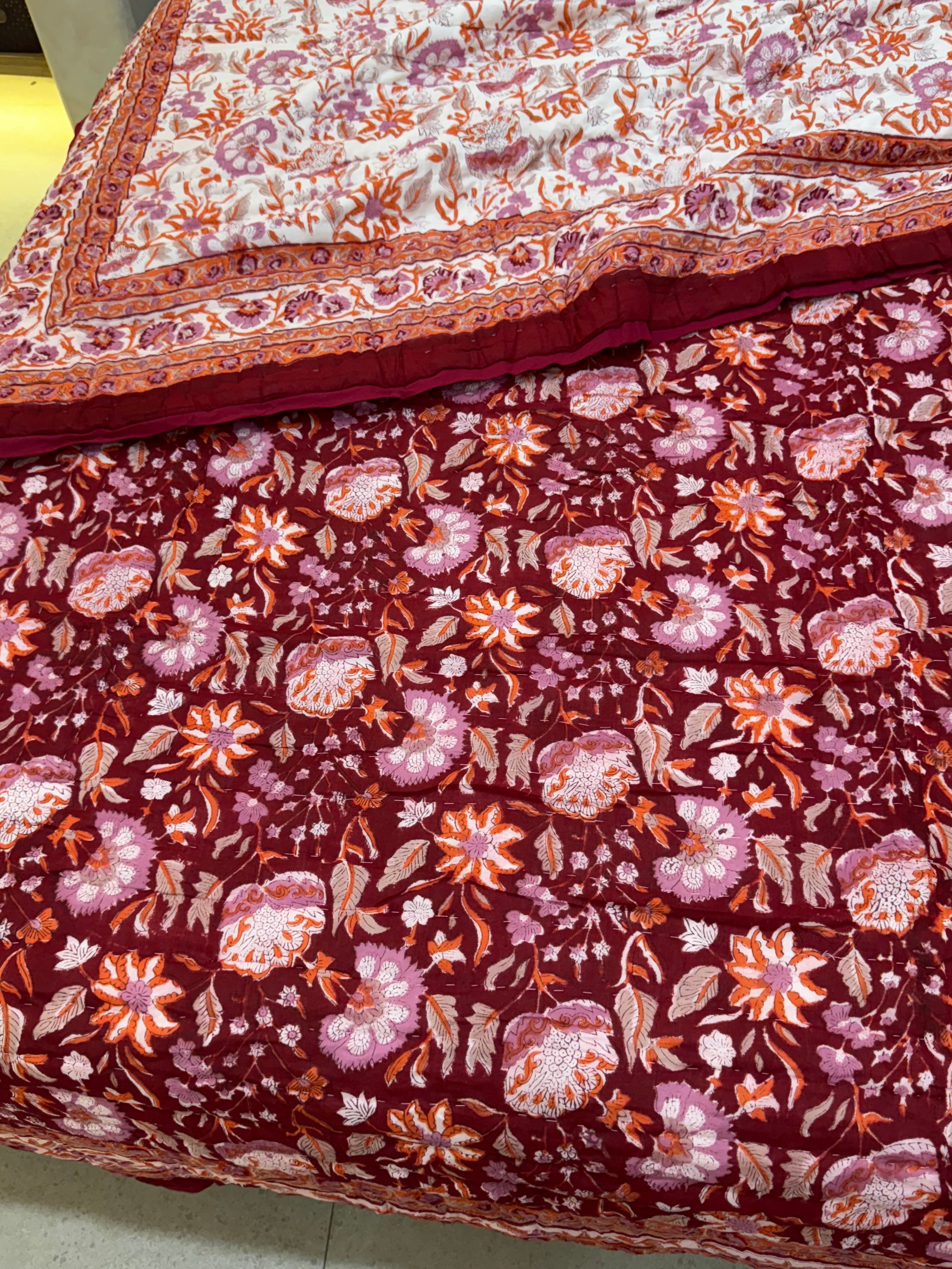 FESTIVE HAND BLOCK PRINTED REVERSIBLE QUILT (DOUBLE BED)