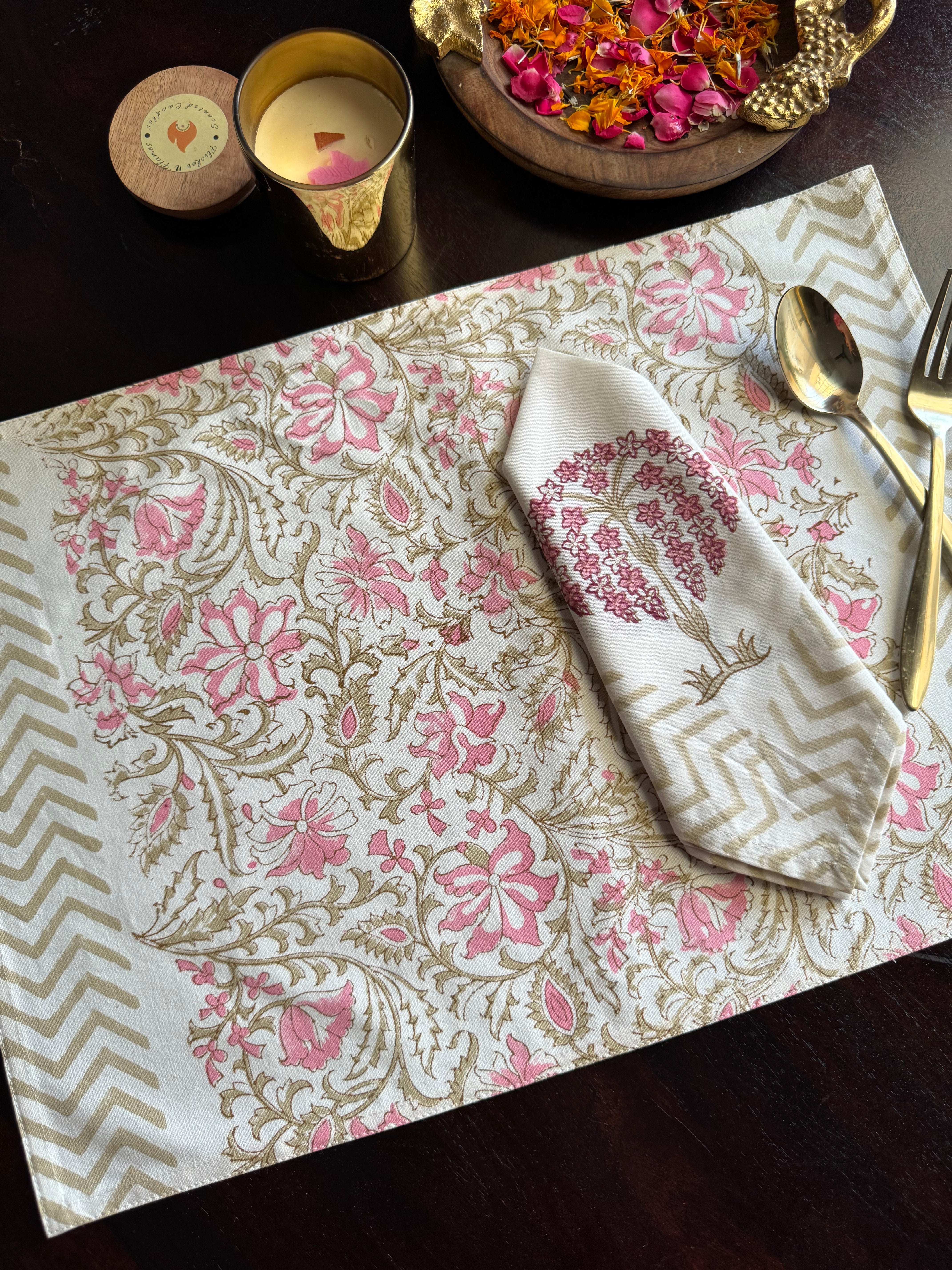 A PAIR OF HANDBLOCK PRINTED TABLE MAT AND NAPKIN SET