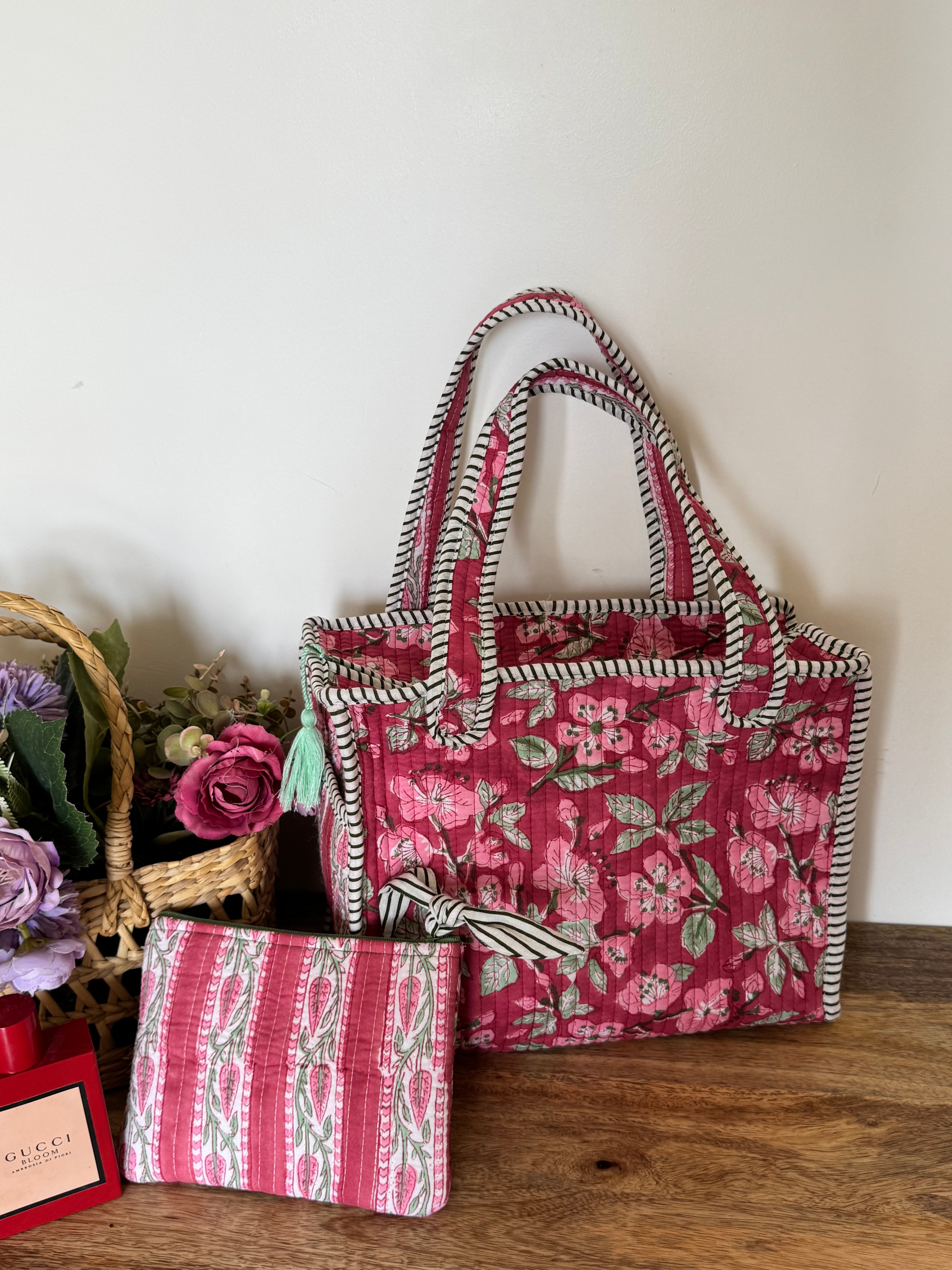 REVERSIBLE MINI TOTE BAG WITH MATCHING FLAT POUCH SET