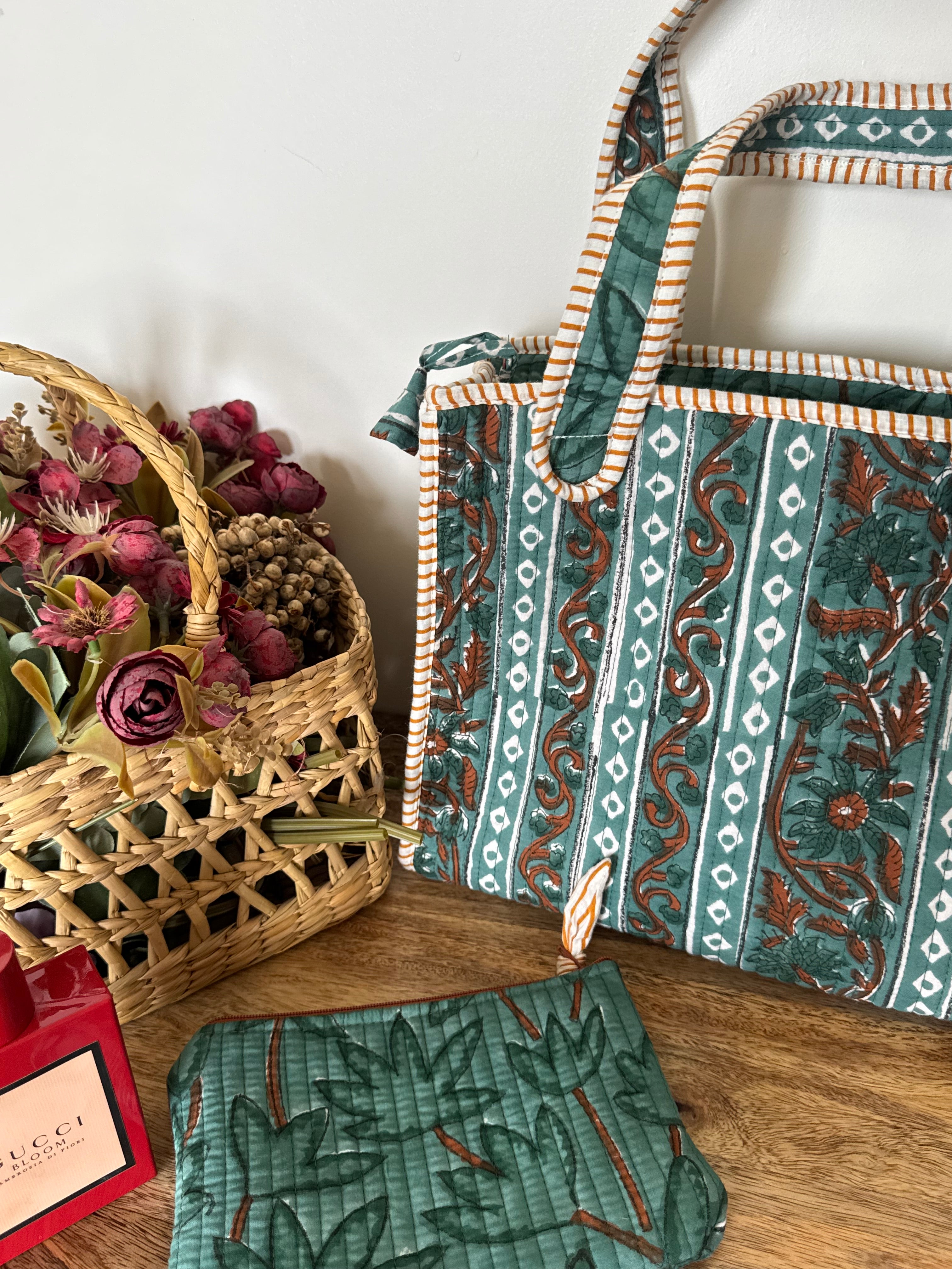 REVERSIBLE MINI TOTE BAG WITH MATCHING FLAT POUCH SET
