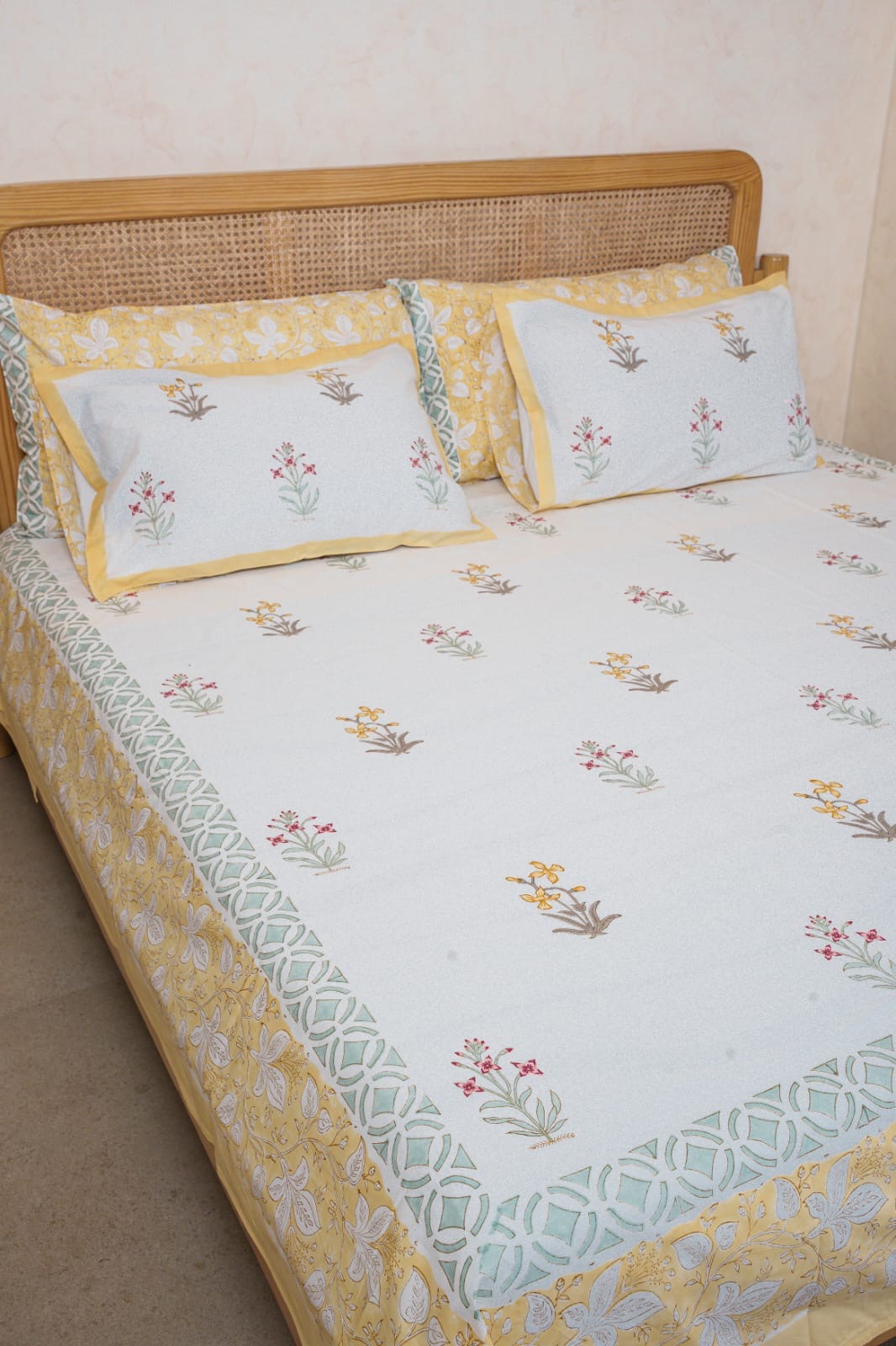 RASHIKA HAND BLOCK PRINTED BEDSHEET WITH TWO REVERSIBLE PILLOW COVERS