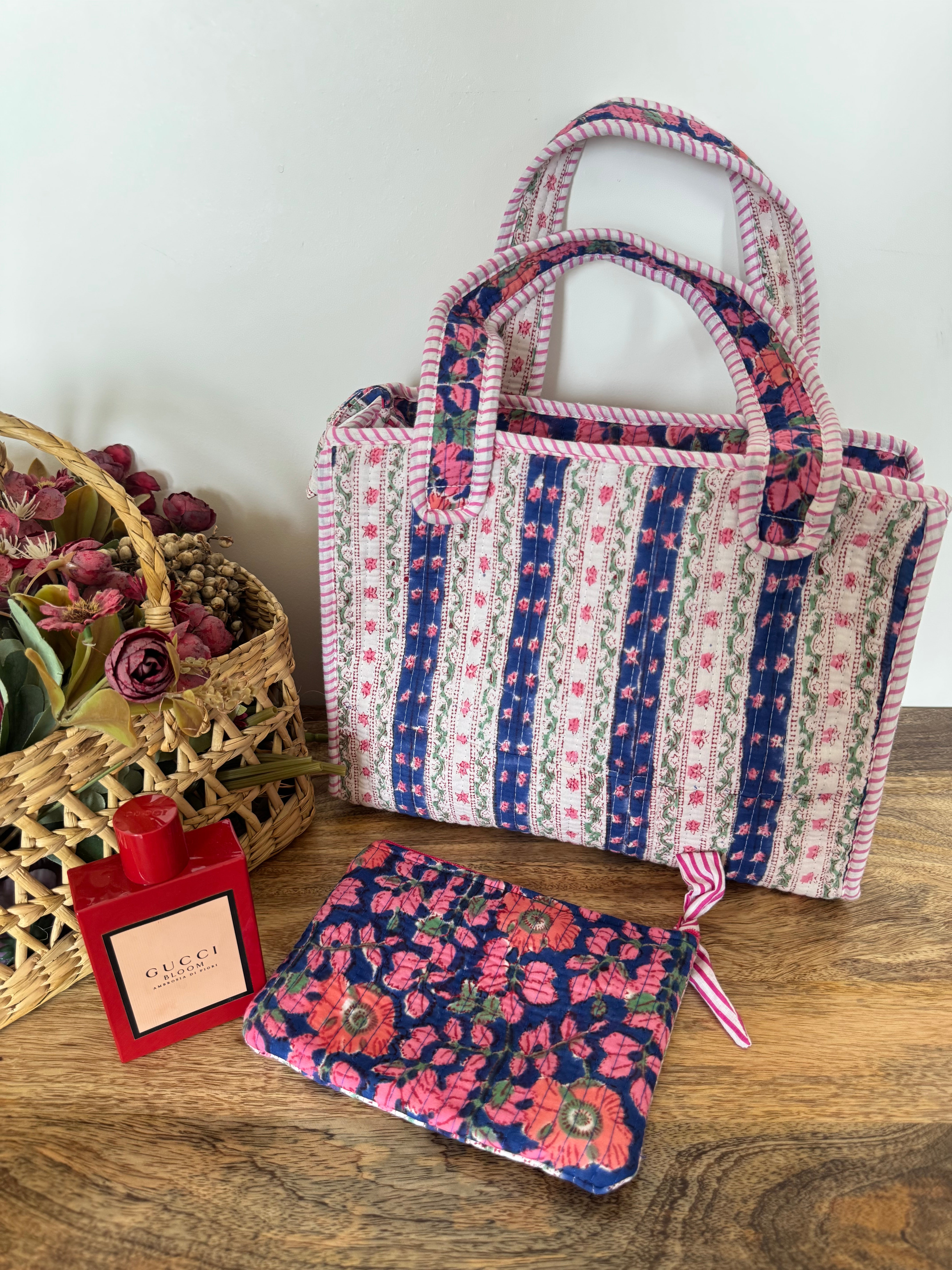REVERSIBLE MINI TOTE BAG WITH MATCHING FLAT POUCH SET