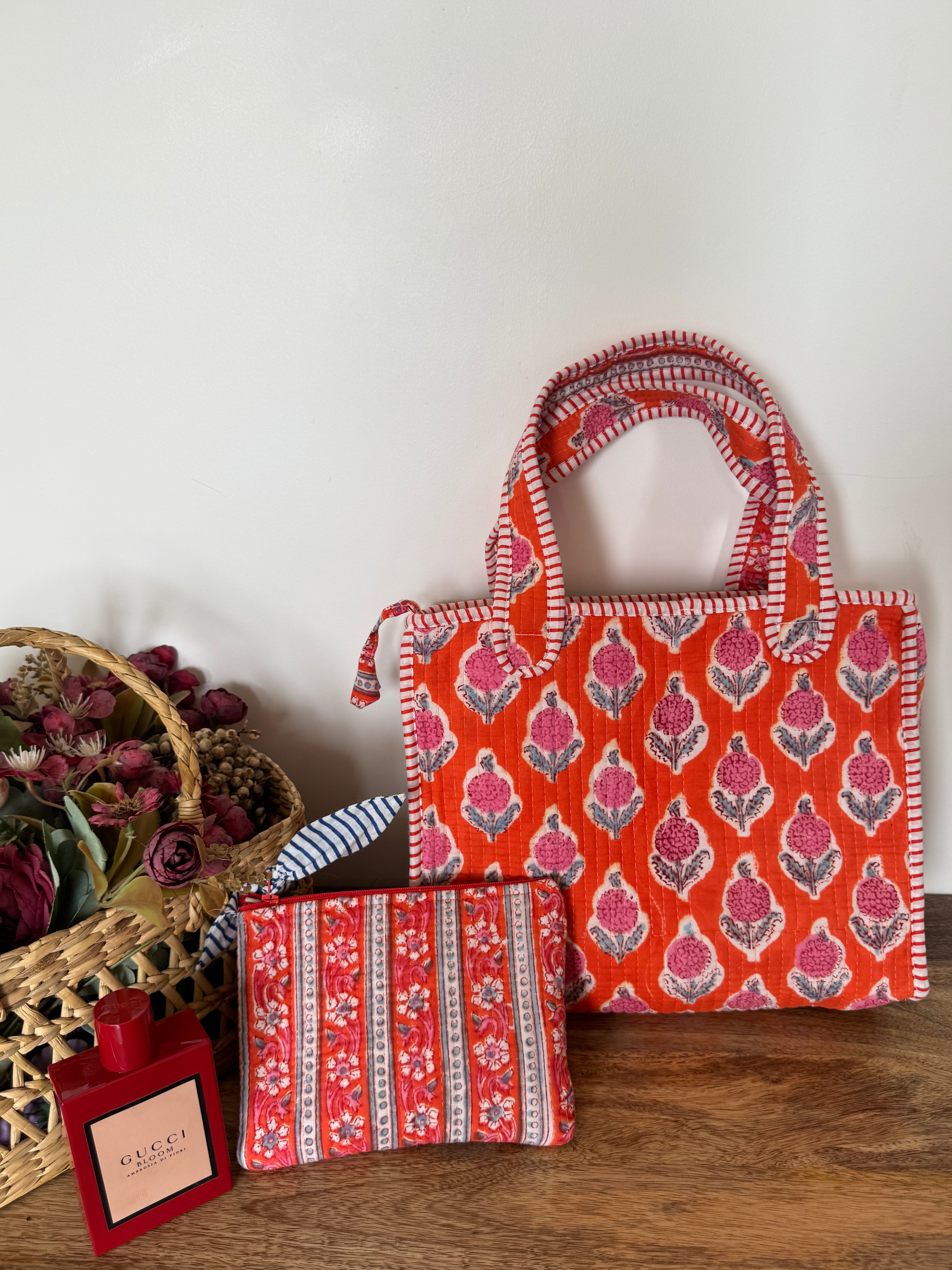 REVERSIBLE MINI TOTE BAG WITH MATCHING FLAT POUCH SET