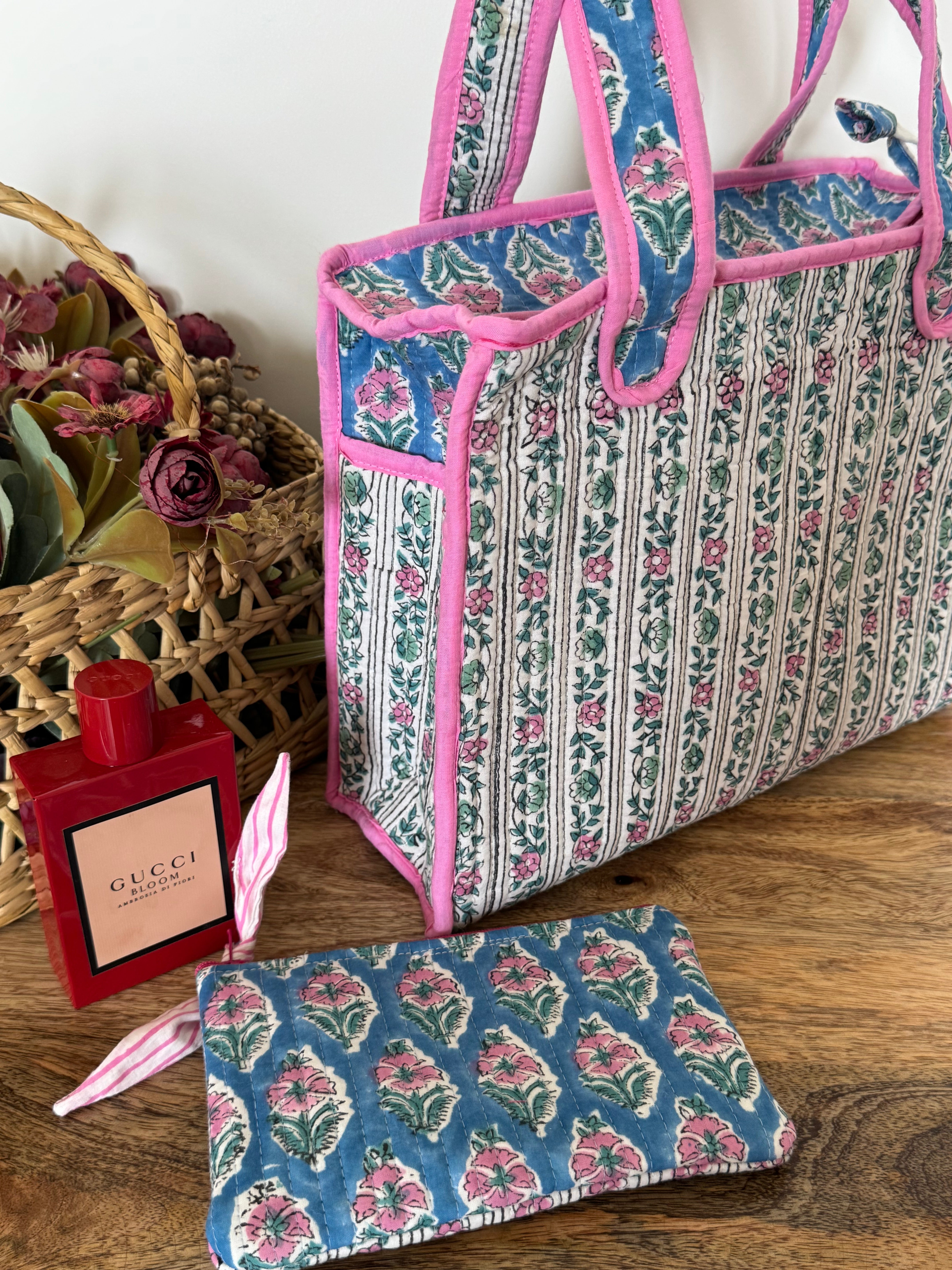 REVERSIBLE MINI TOTE BAG WITH MATCHING FLAT POUCH SET
