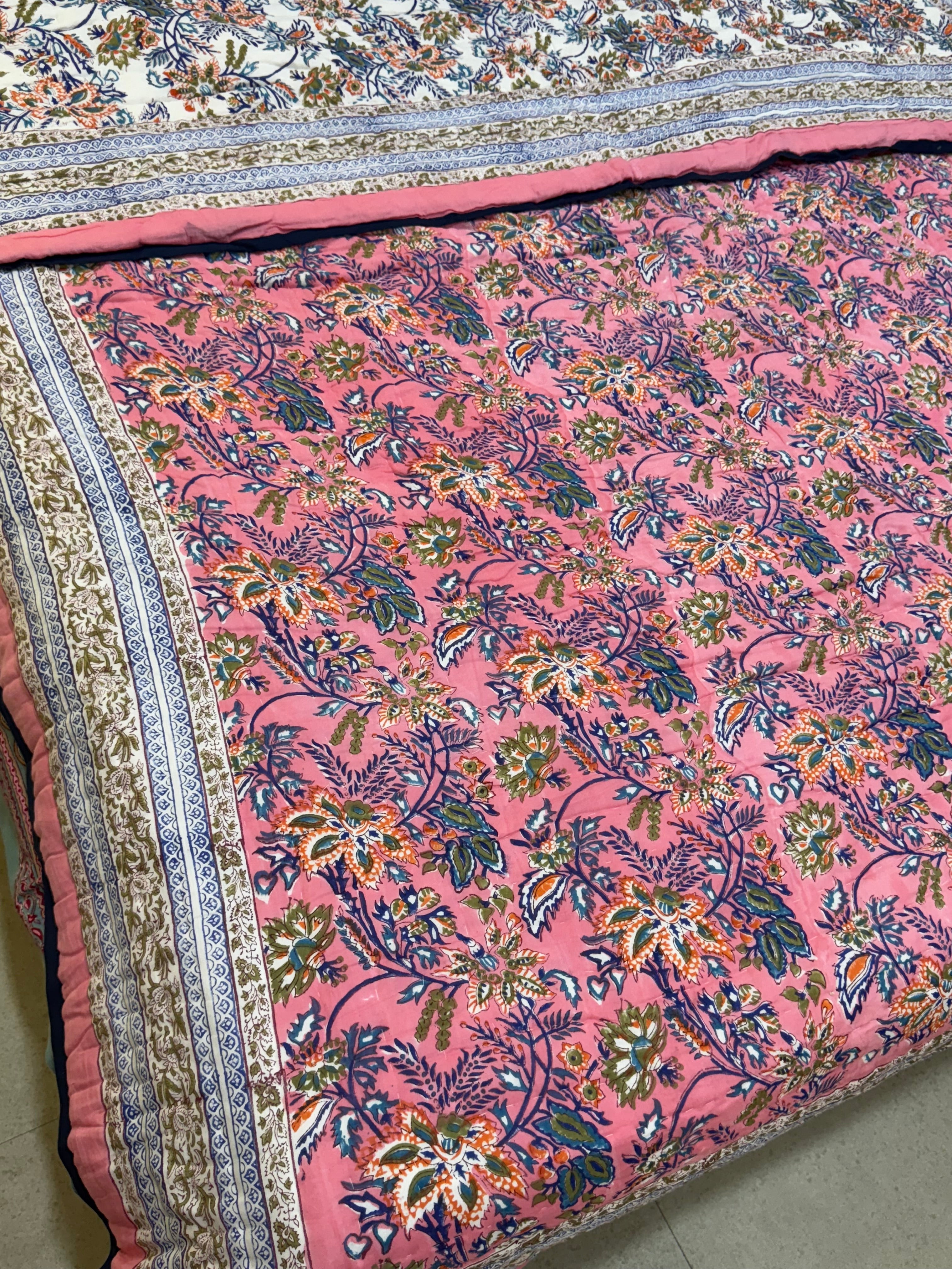 FESTIVE HAND BLOCK PRINTED REVERSIBLE QUILT (DOUBLE BED)