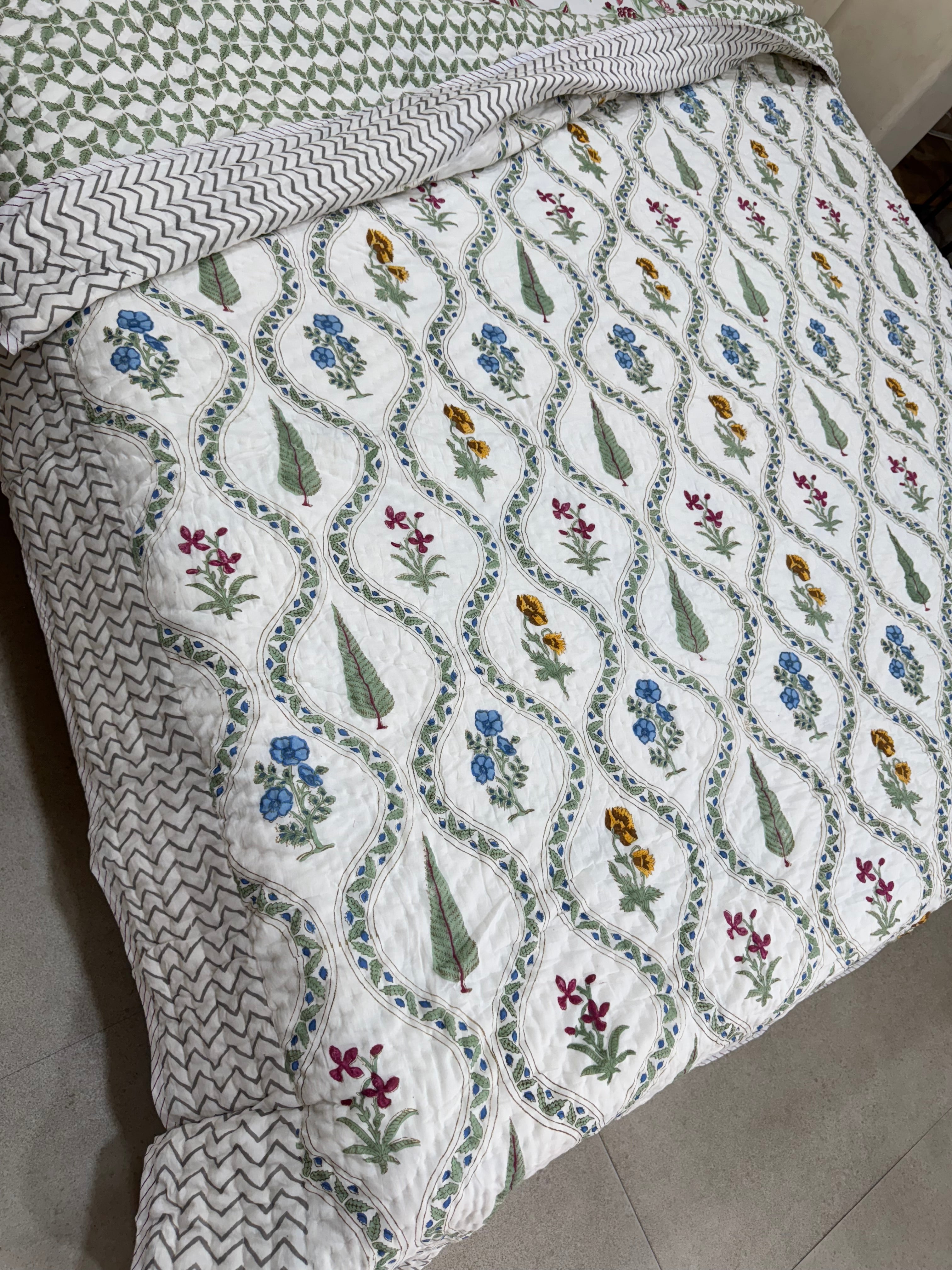 MALIKA HAND BLOCK PRINTED REVERSIBLE QUILT (DOUBLE BED)