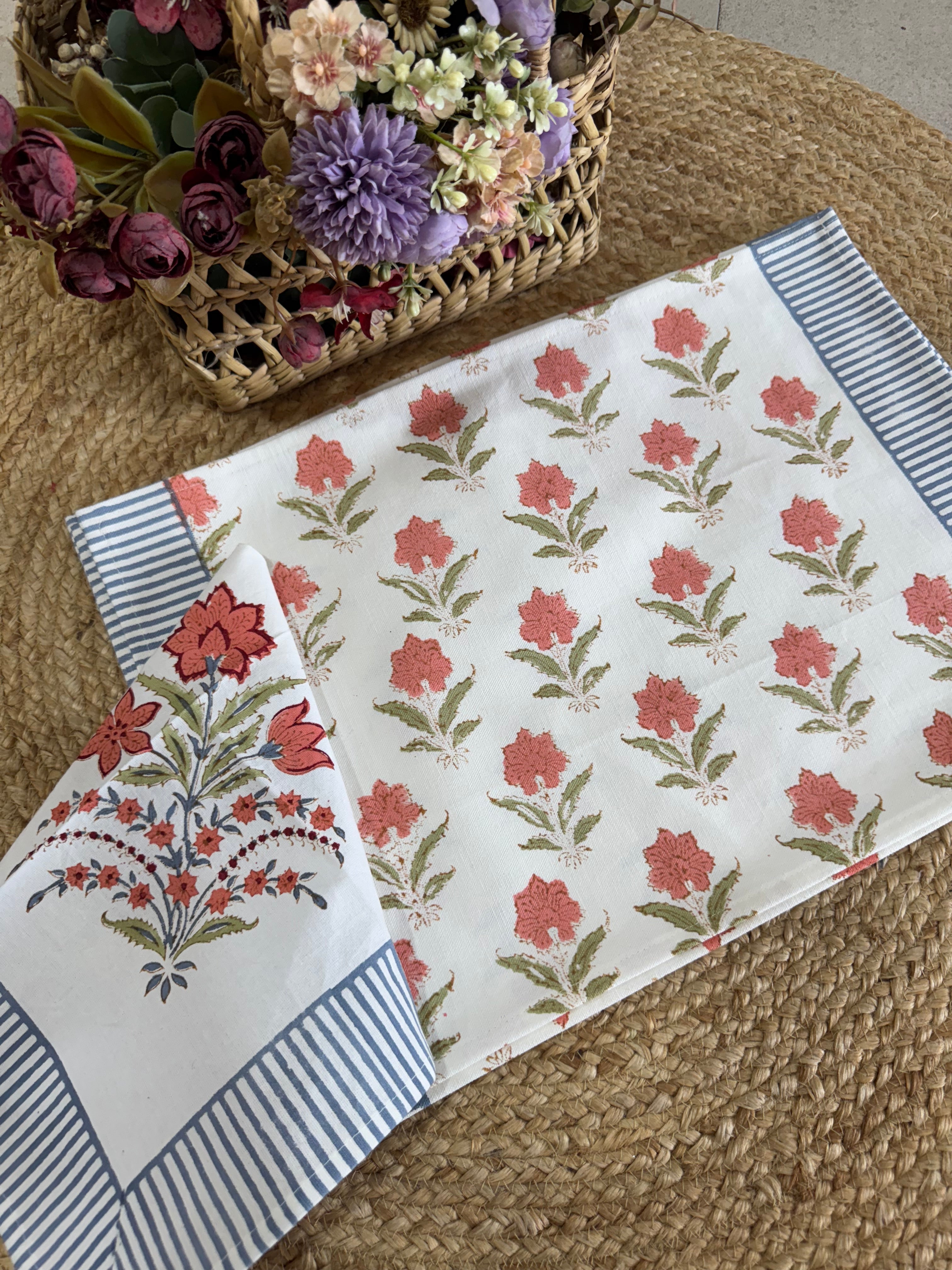 A PAIR OF HANDBLOCK PRINTED TABLE MAT AND NAPKIN SET