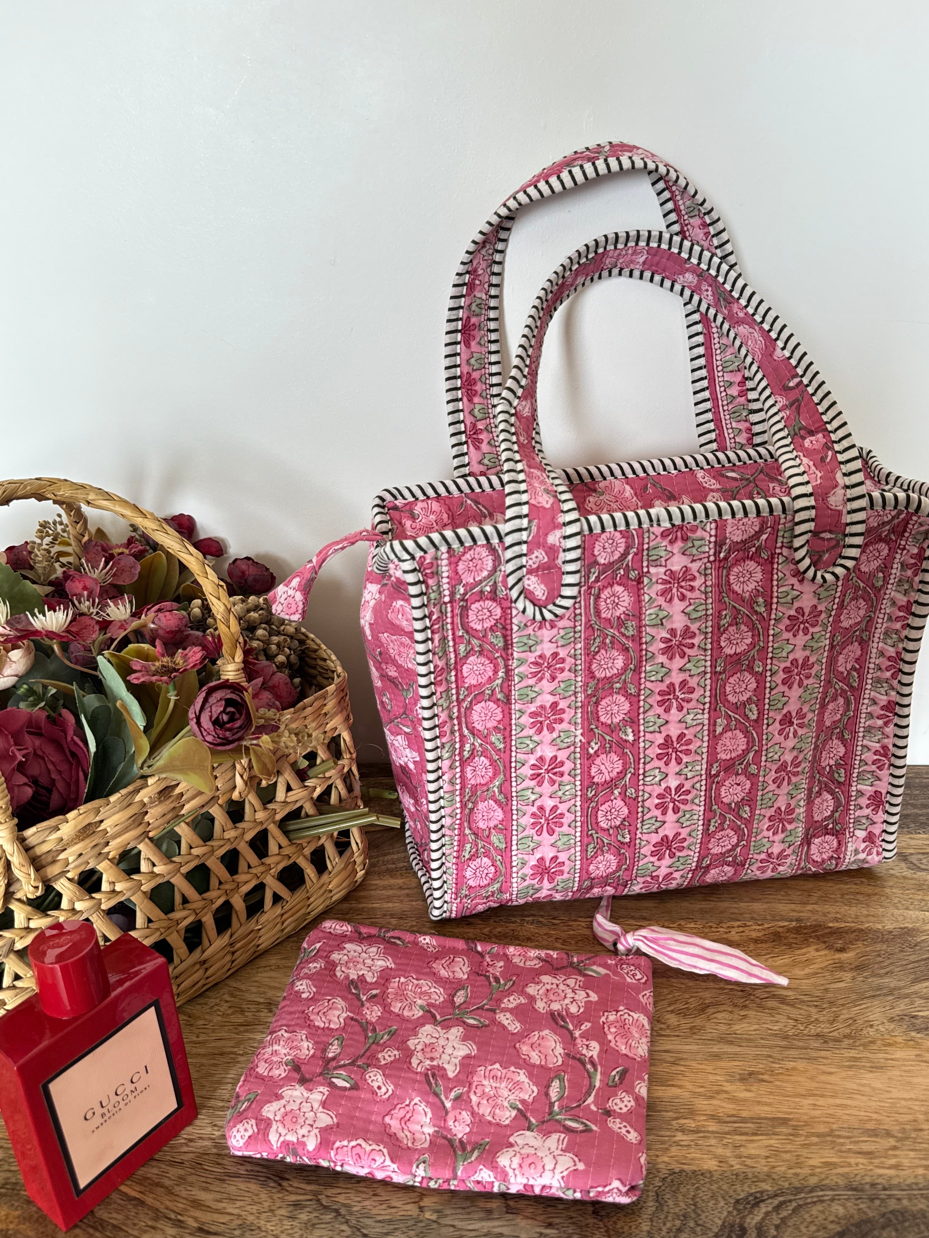 REVERSIBLE MINI TOTE BAG WITH MATCHING FLAT POUCH SET