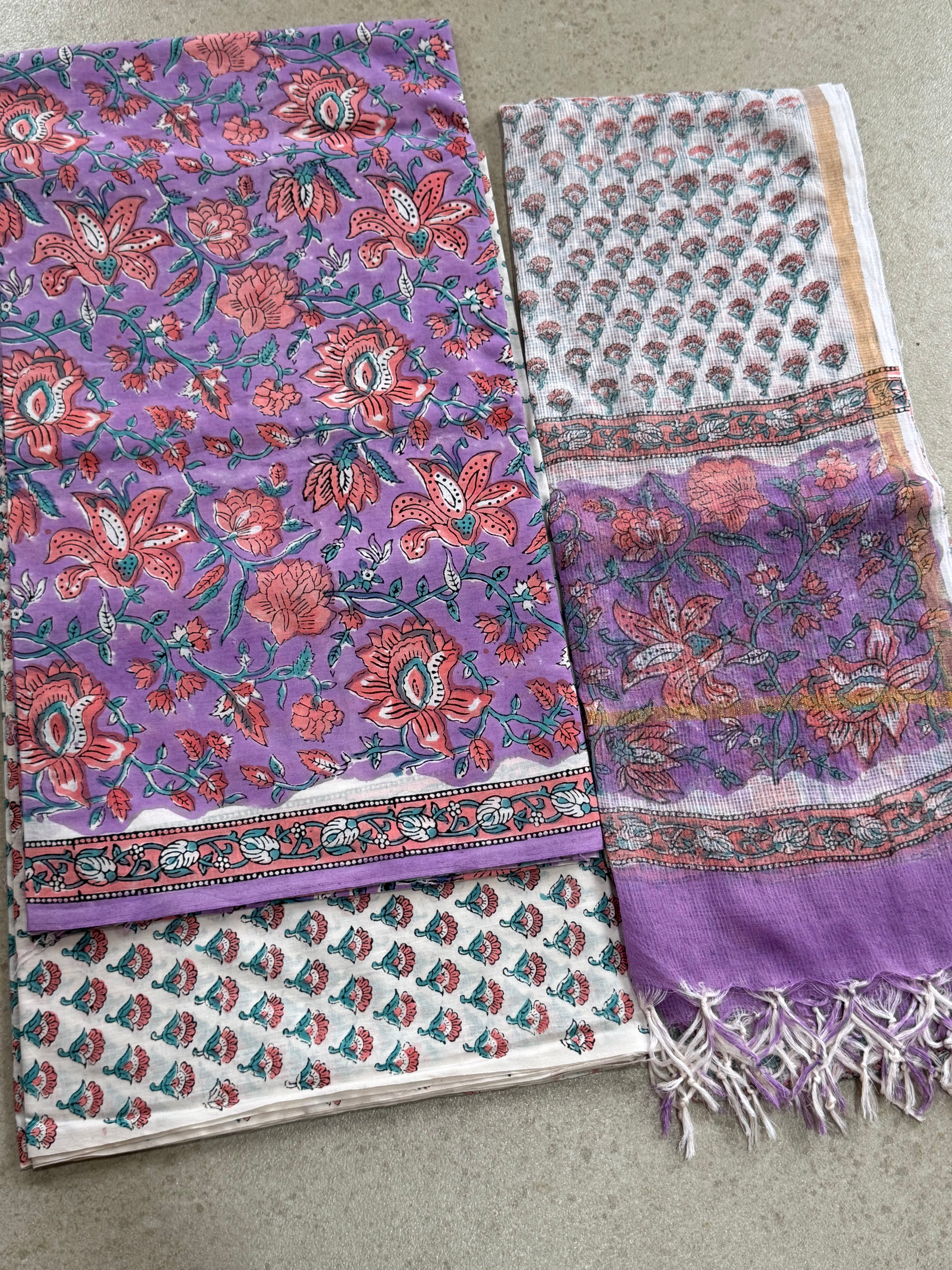 HAND BLOCK PRINTED COTTON WITH KOTA DORIYA DUPATTA UNSTITCHED SUIT
