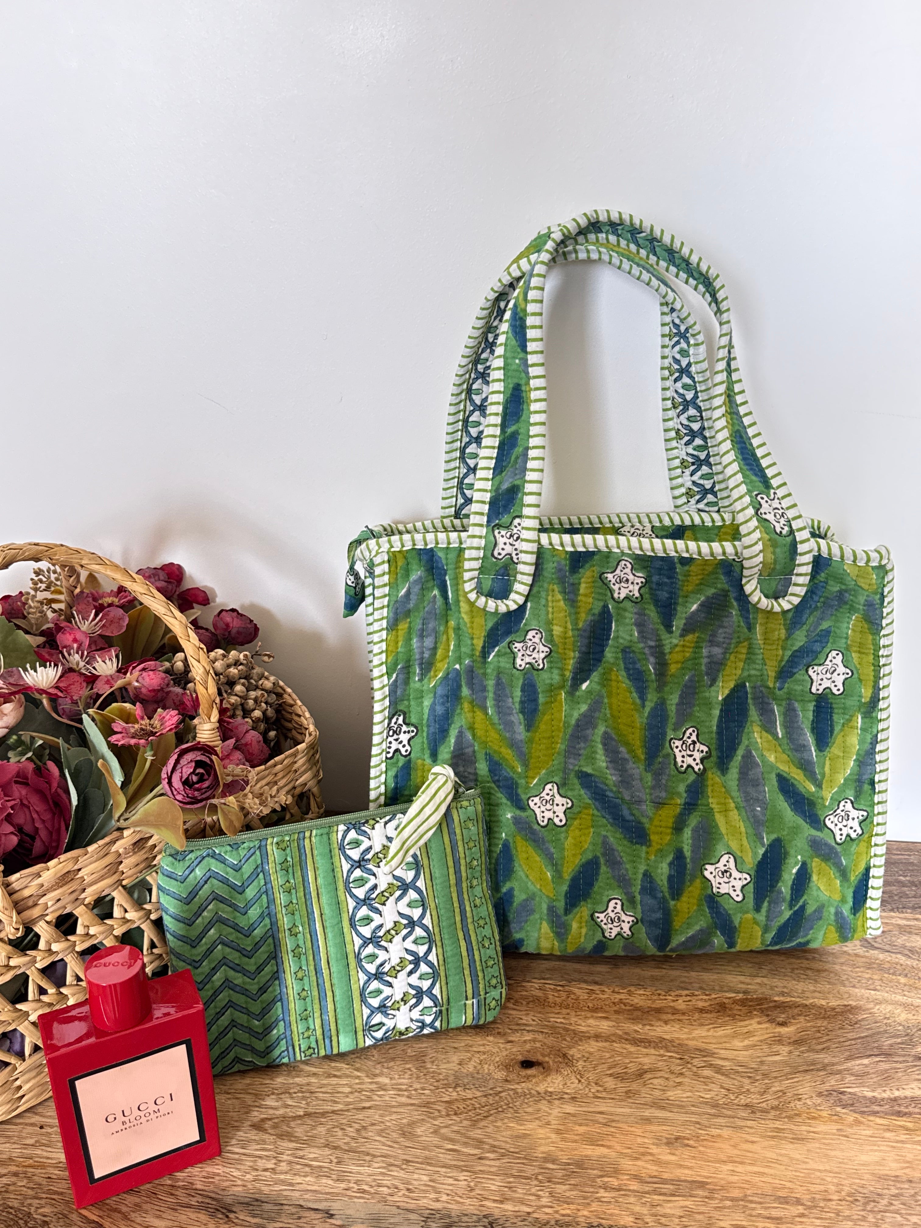 REVERSIBLE MINI TOTE BAG WITH MATCHING FLAT POUCH SET