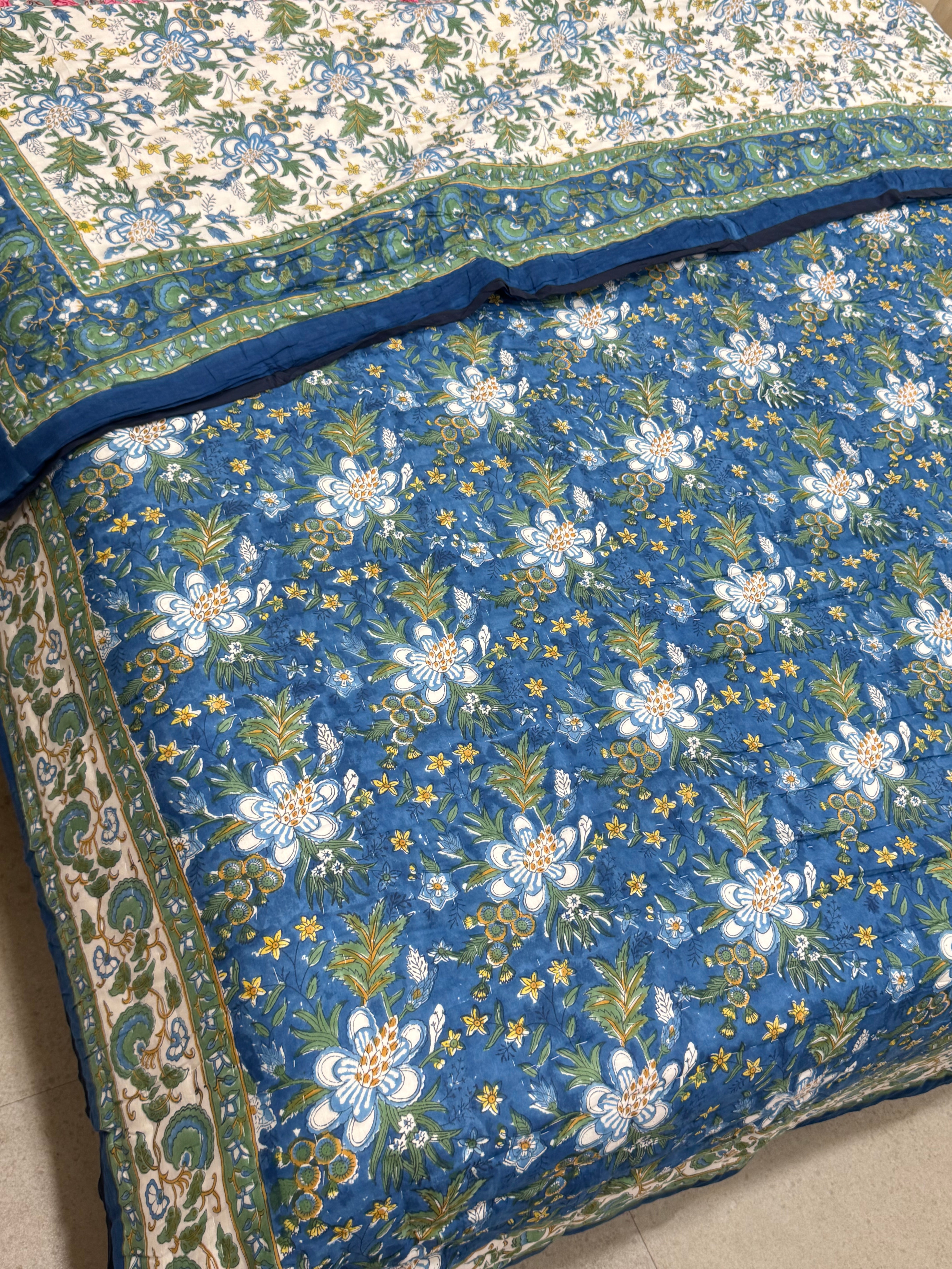 FESTIVE HAND BLOCK PRINTED REVERSIBLE QUILT (DOUBLE BED)