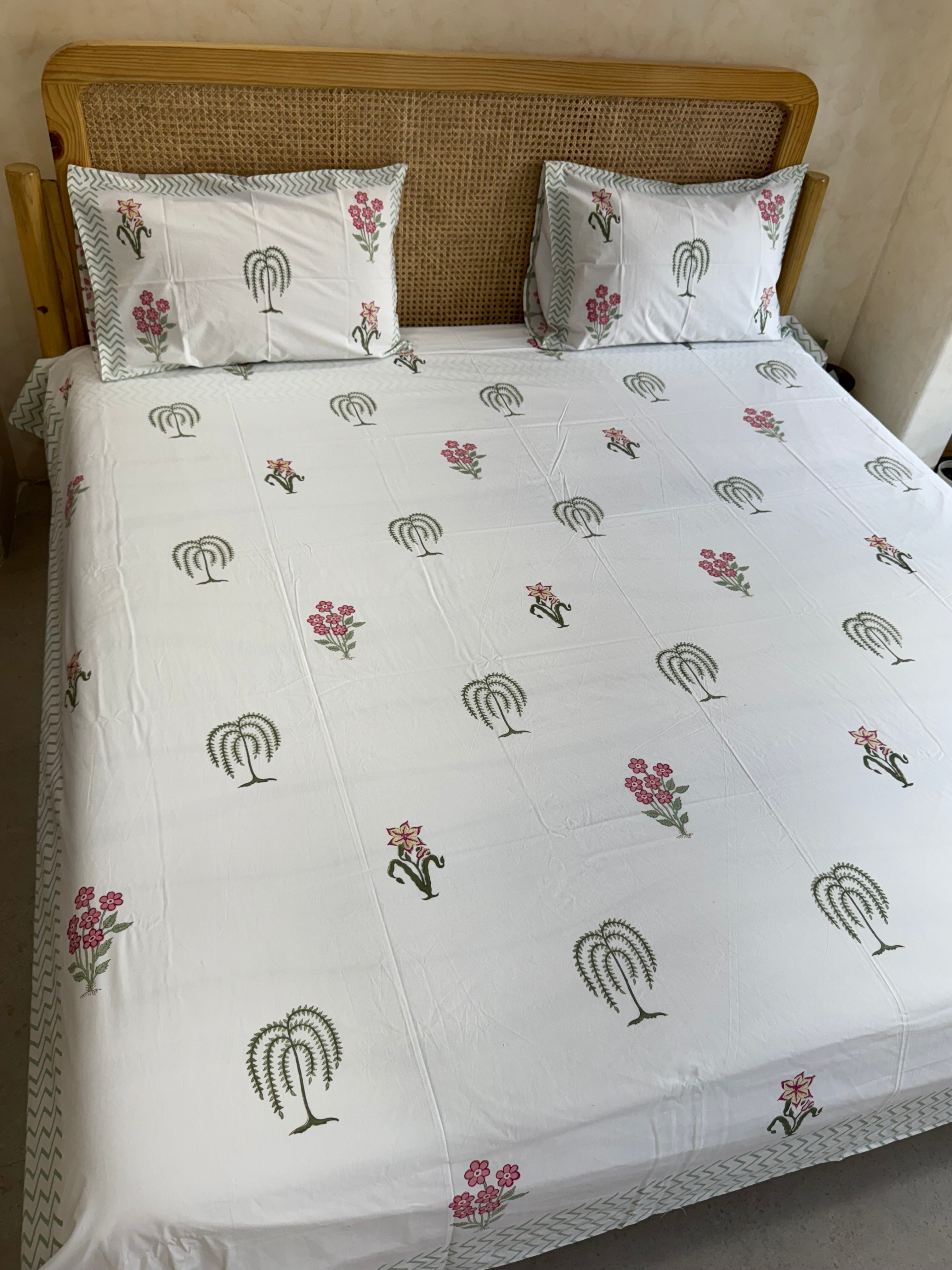 BLUSH BLOOM HAND BLOCK PRINTED BEDSHEET WITH TWO REVERSIBLE PILLOW COVERS