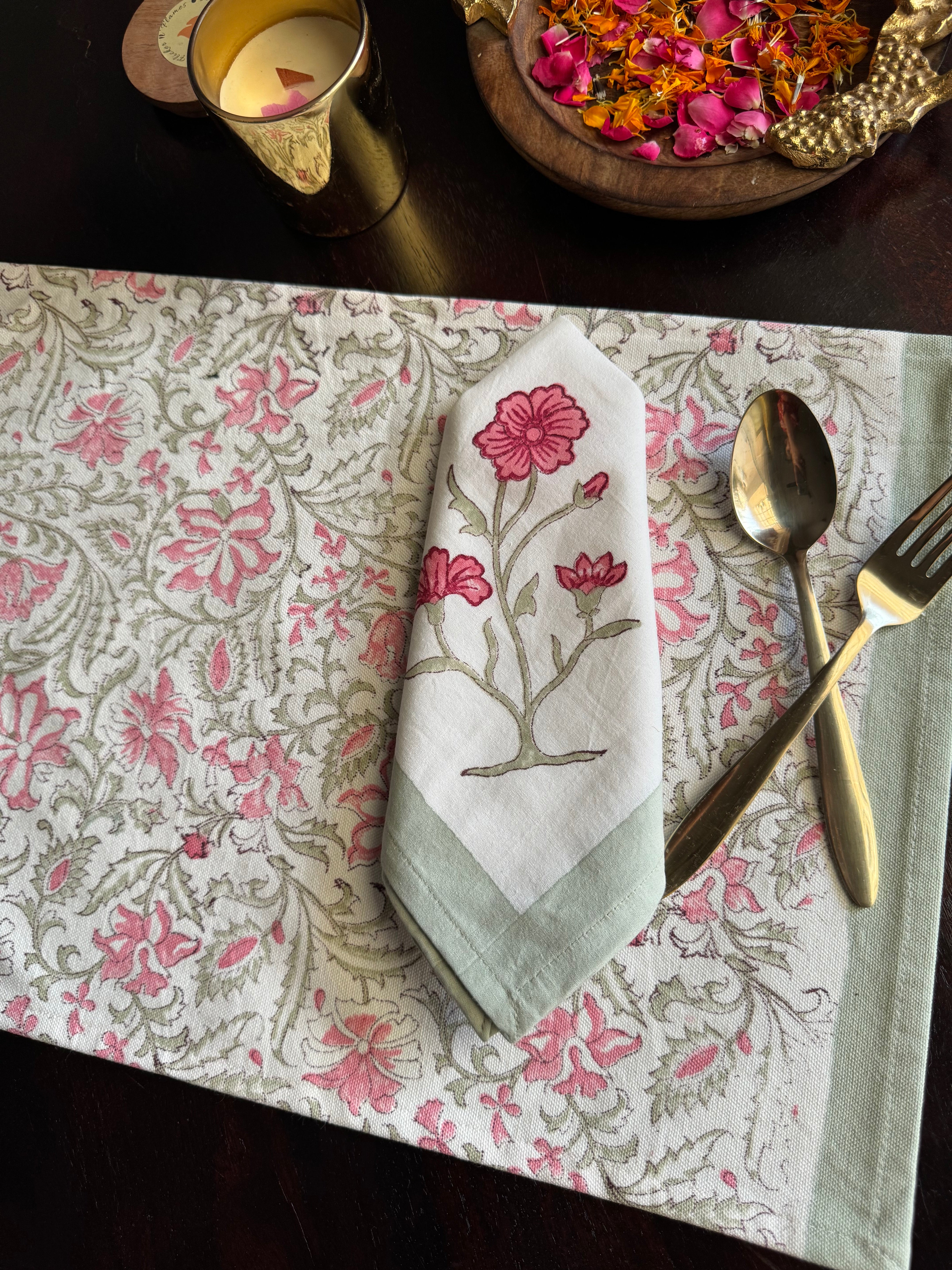 A PAIR OF HANDBLOCK PRINTED TABLE MAT AND NAPKIN SET