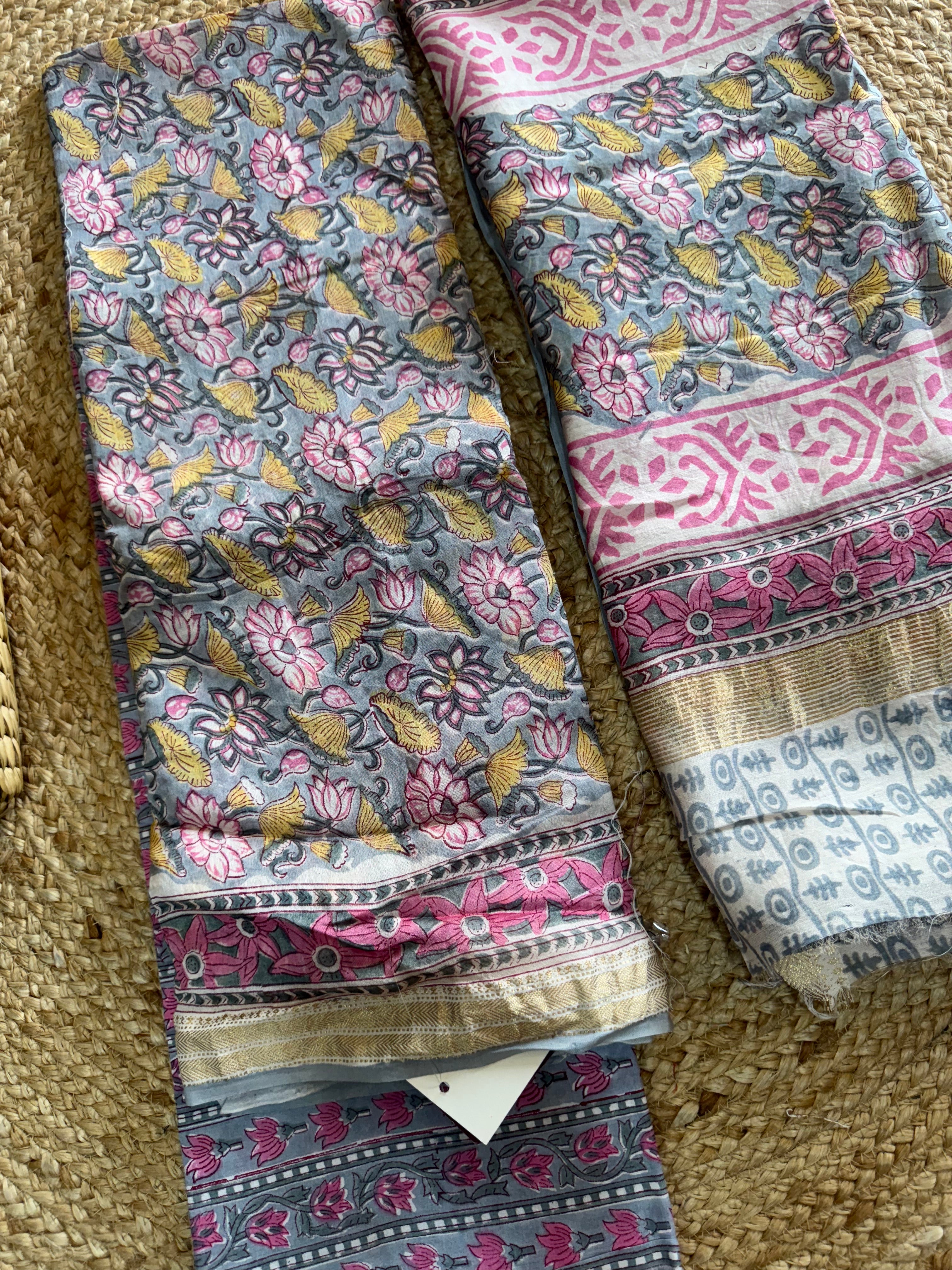 HAND BLOCK PRINTED MAHESHWARI UNSTITCHED SUIT