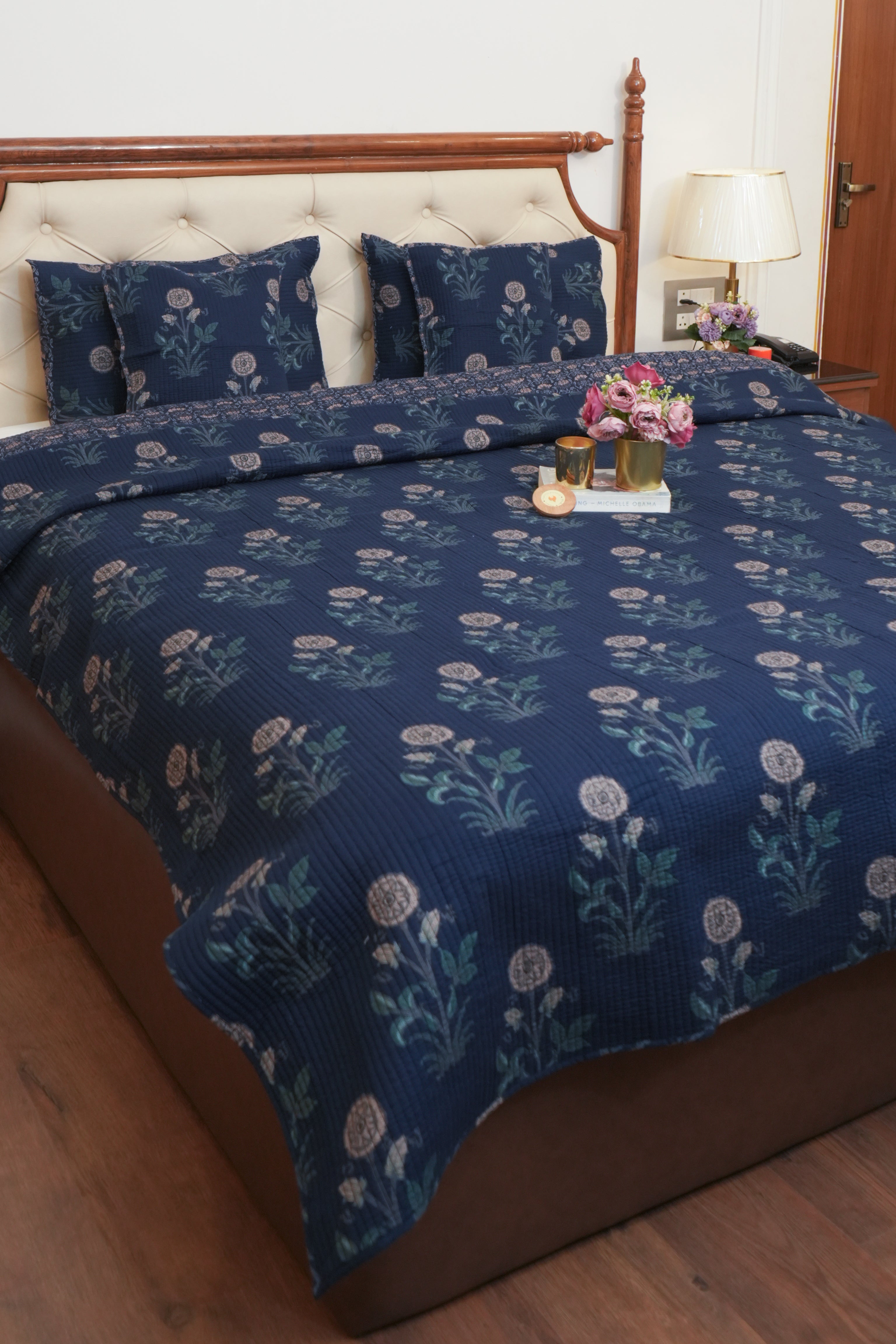 KANAK BLUE POPPY QUILTED BEDCOVER SET(5PC) - BEDCOVER + 2 PILLOW CASES + 2 CUSHION COVERS