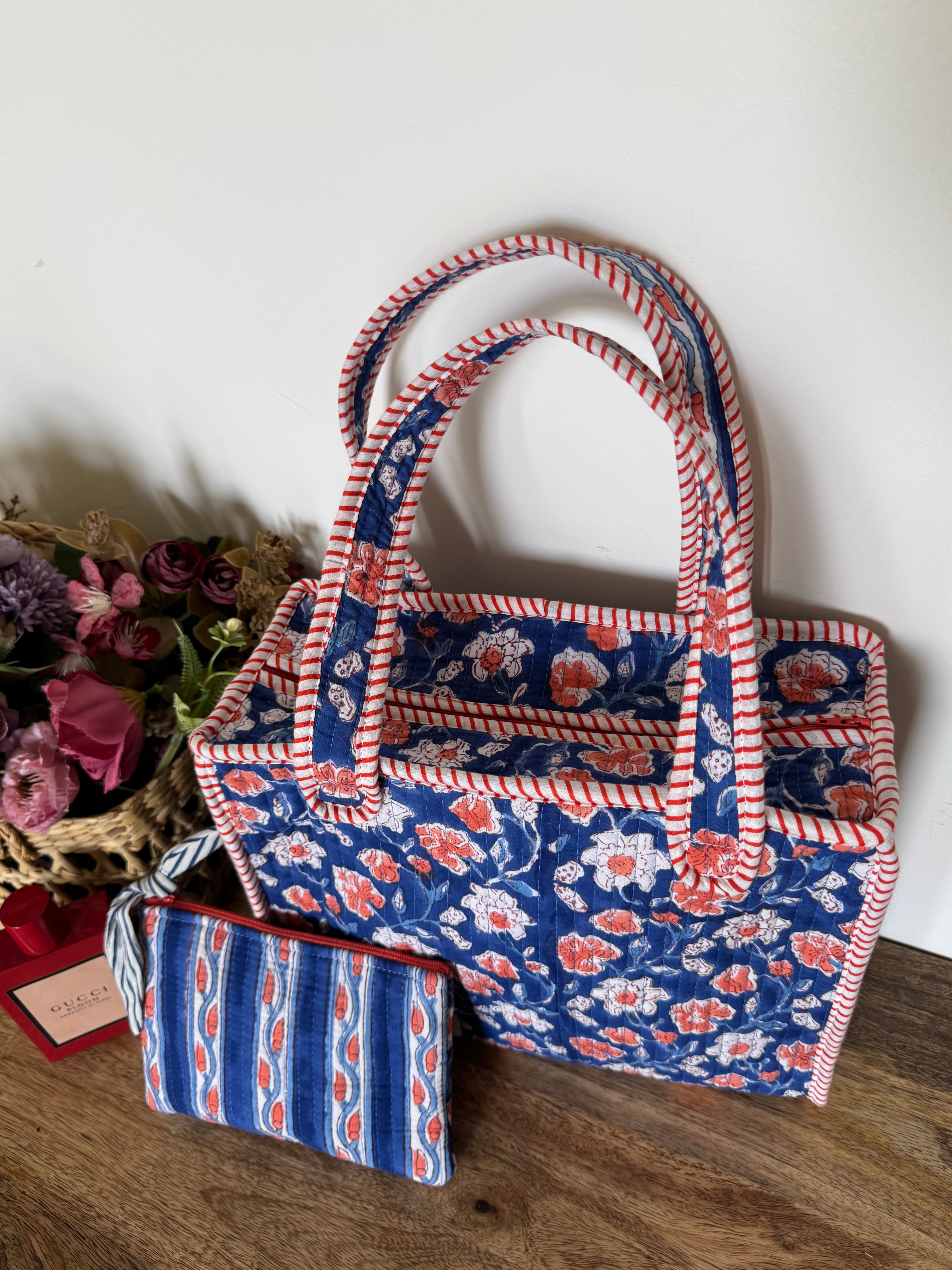 REVERSIBLE MINI TOTE BAG WITH MATCHING FLAT POUCH SET