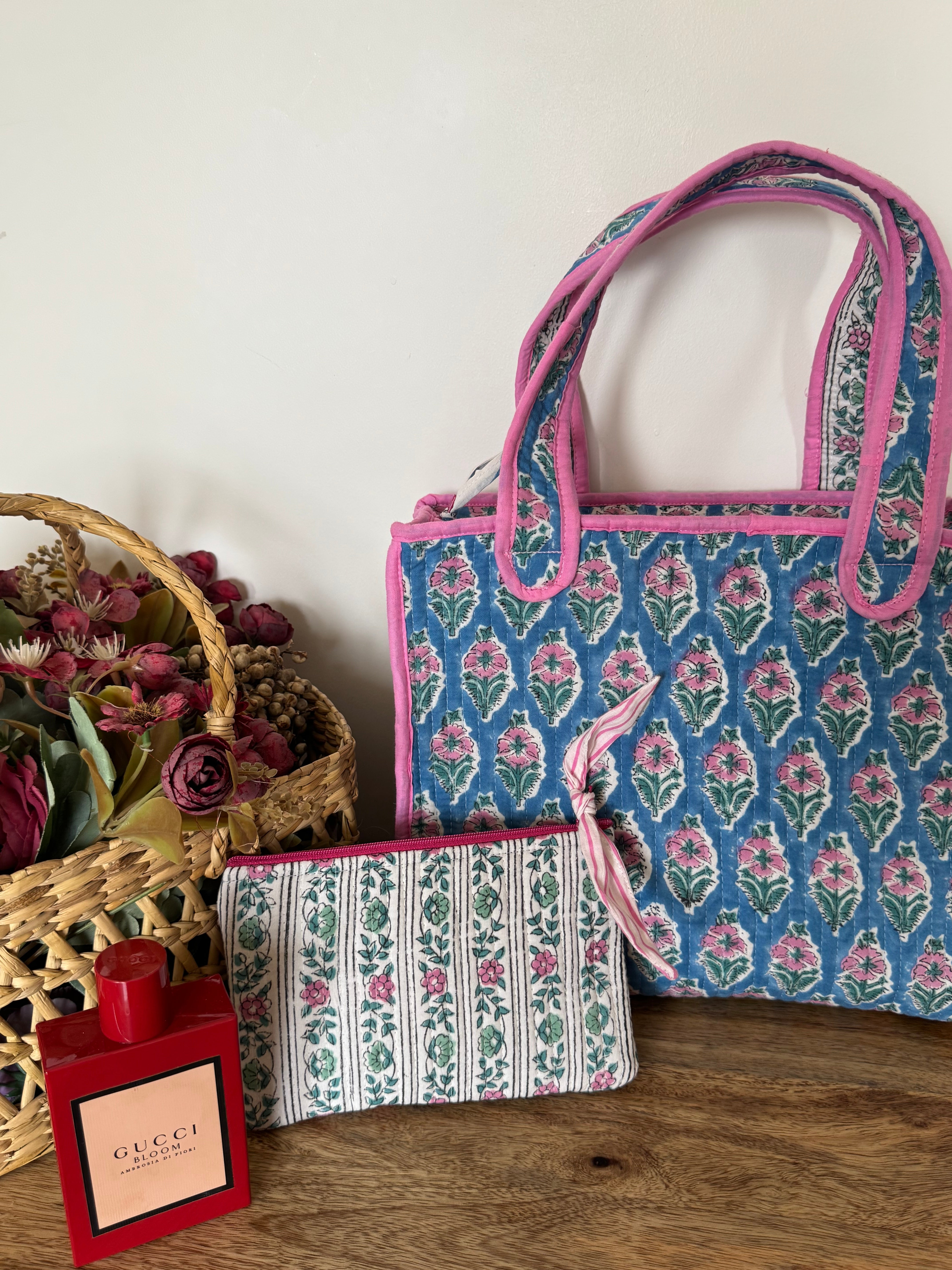 REVERSIBLE MINI TOTE BAG WITH MATCHING FLAT POUCH SET