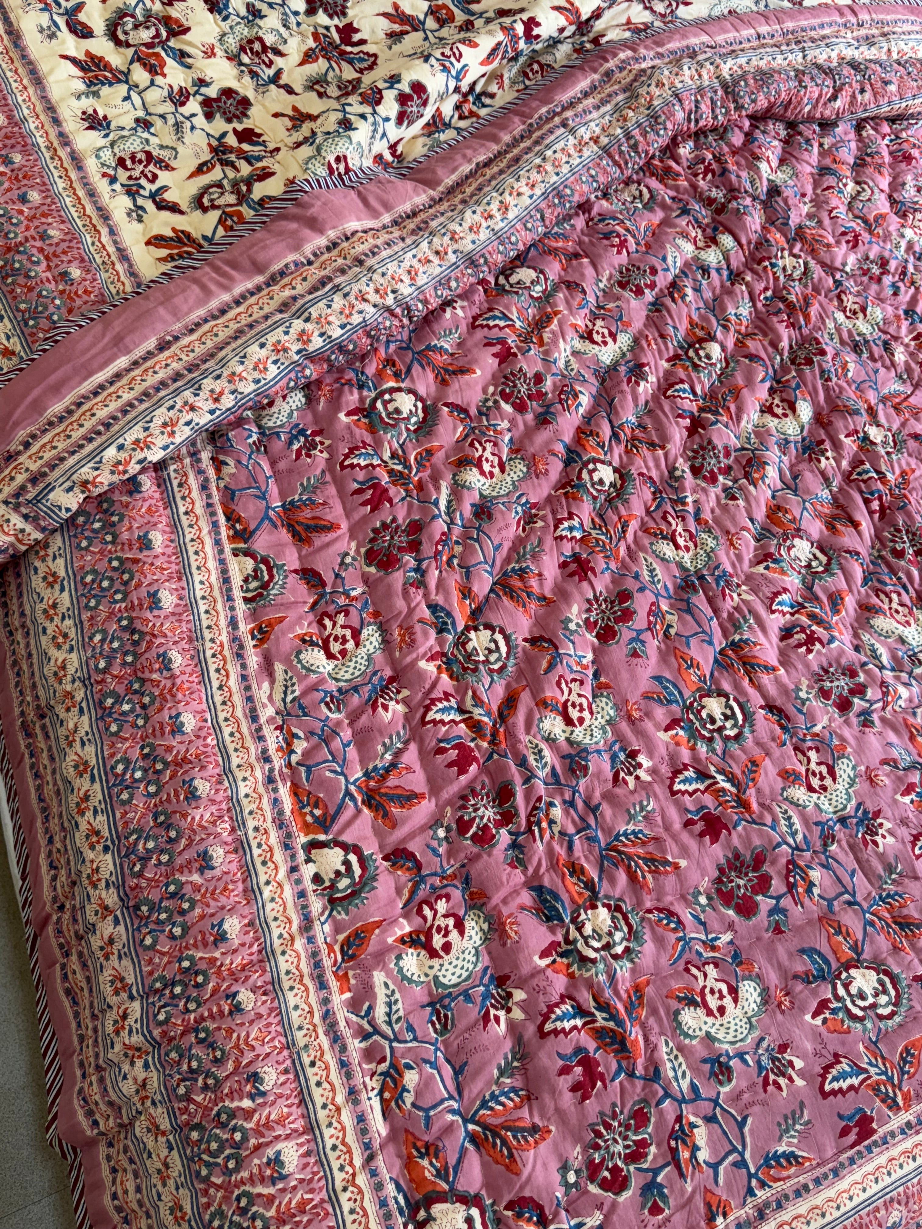 FESTIVE HAND BLOCK PRINTED REVERSIBLE QUILT (DOUBLE BED)