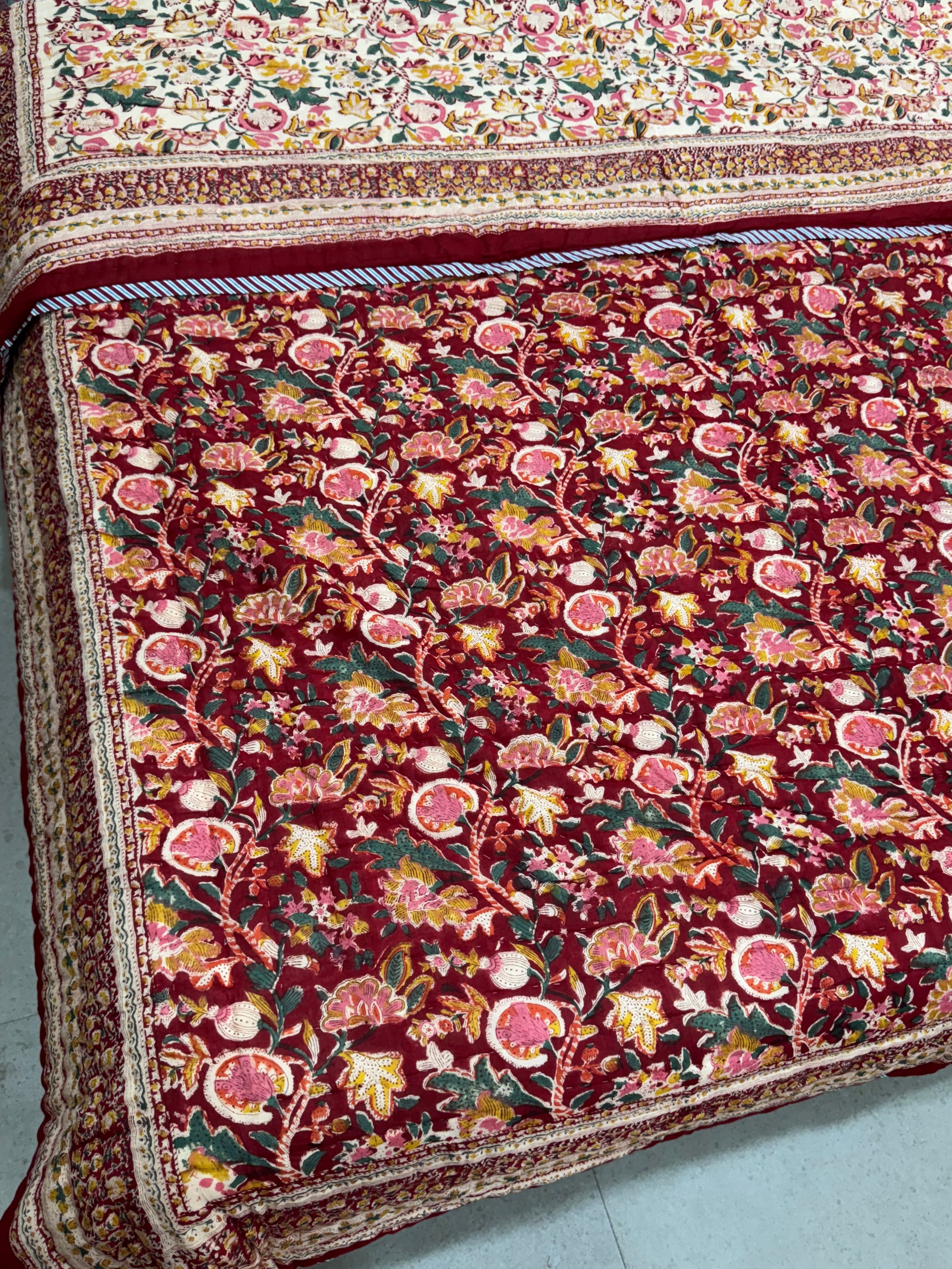 FESTIVE HAND BLOCK PRINTED REVERSIBLE QUILT (DOUBLE BED)