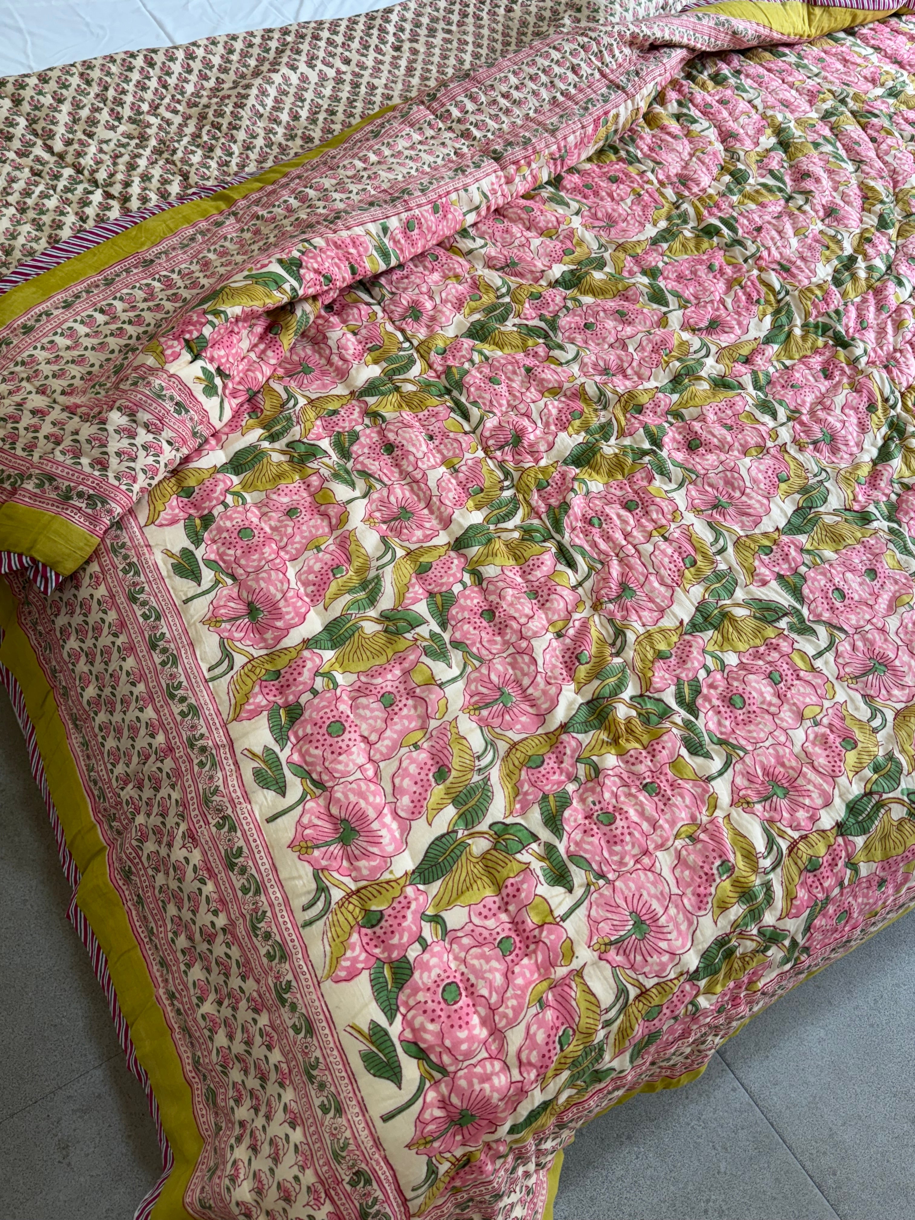 FESTIVE HAND BLOCK PRINTED REVERSIBLE QUILT (DOUBLE BED)