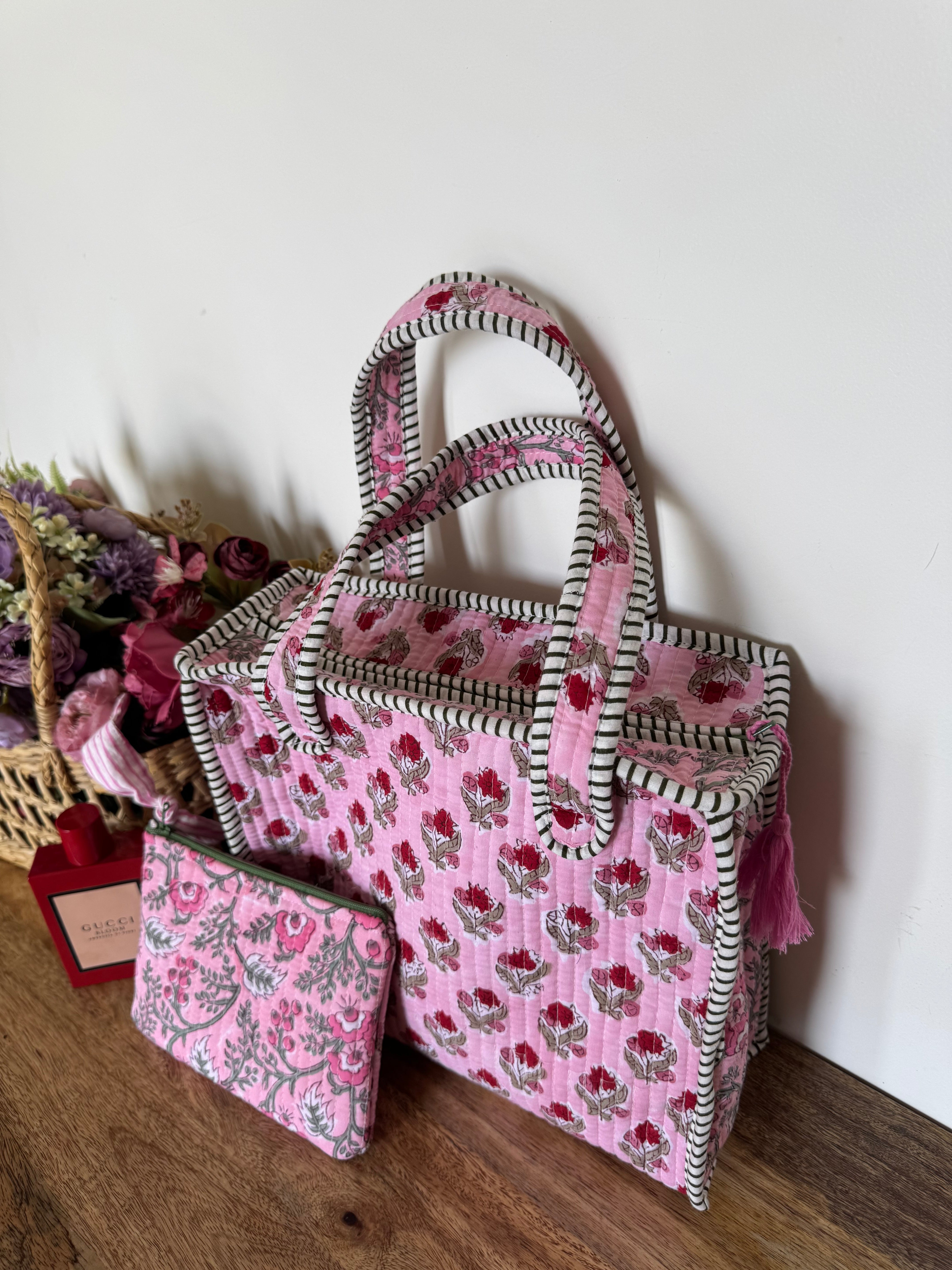 REVERSIBLE MINI TOTE BAG WITH MATCHING FLAT POUCH SET