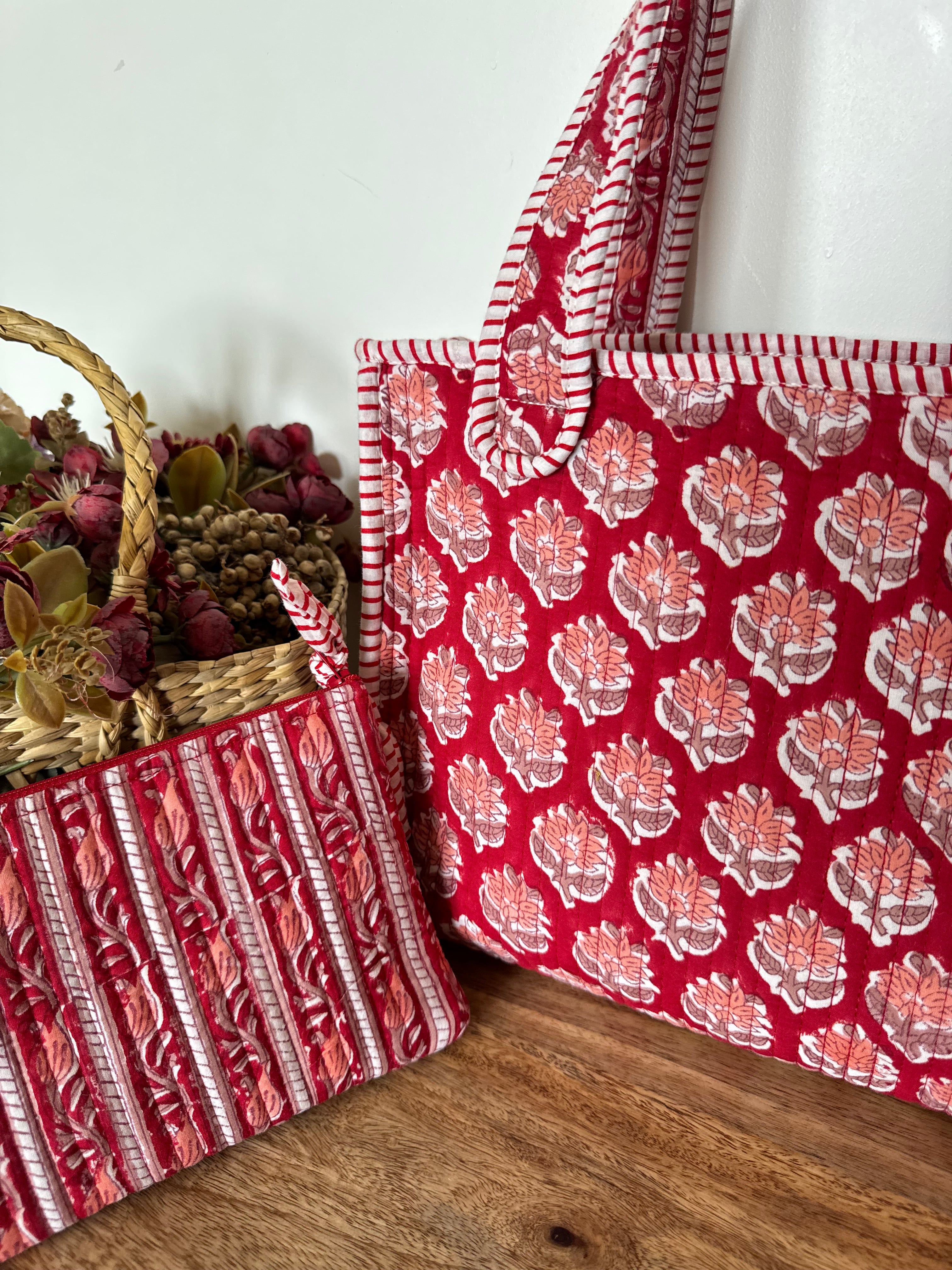 REVERSIBLE MINI TOTE BAG WITH MATCHING FLAT POUCH SET