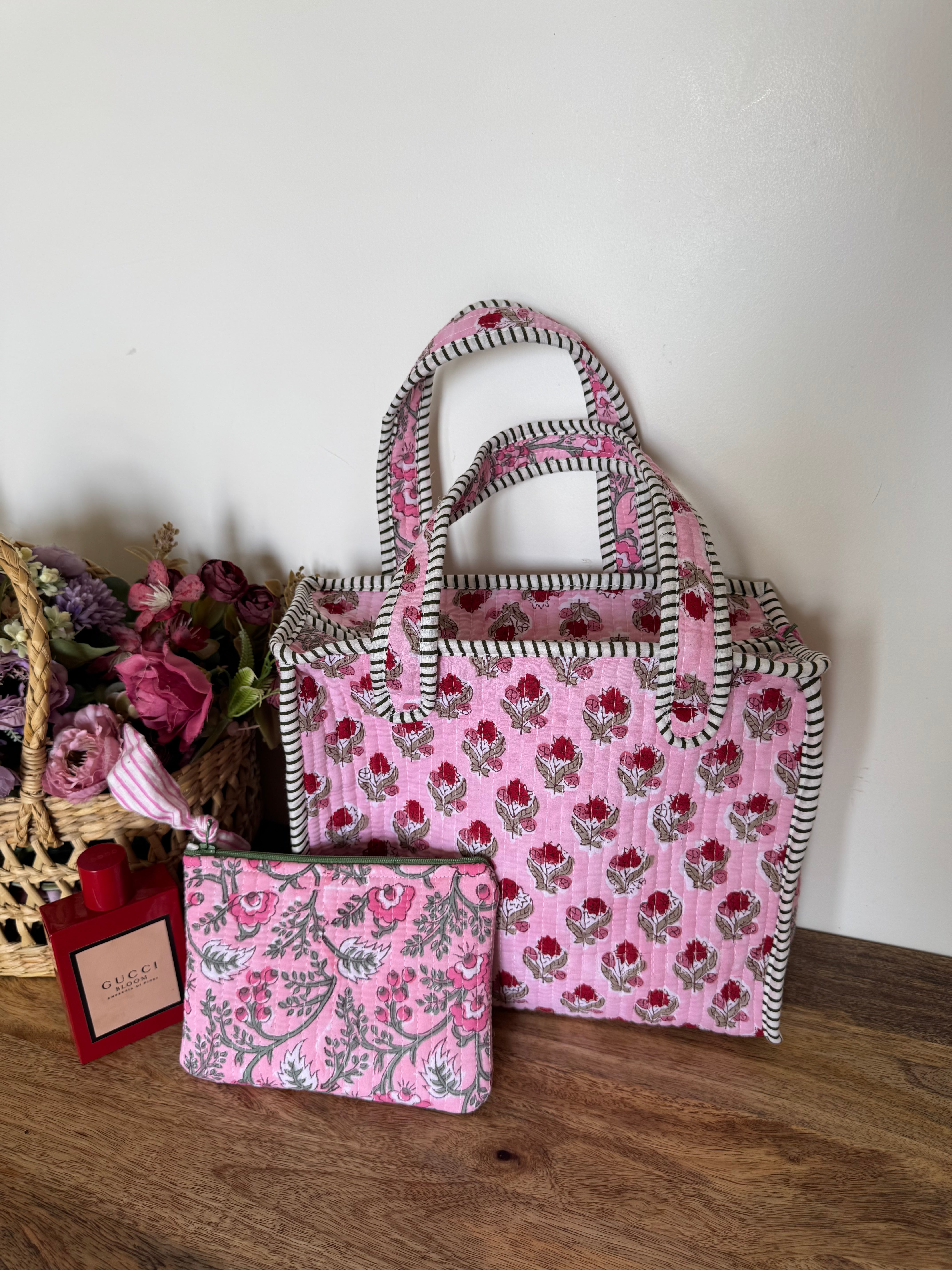 REVERSIBLE MINI TOTE BAG WITH MATCHING FLAT POUCH SET