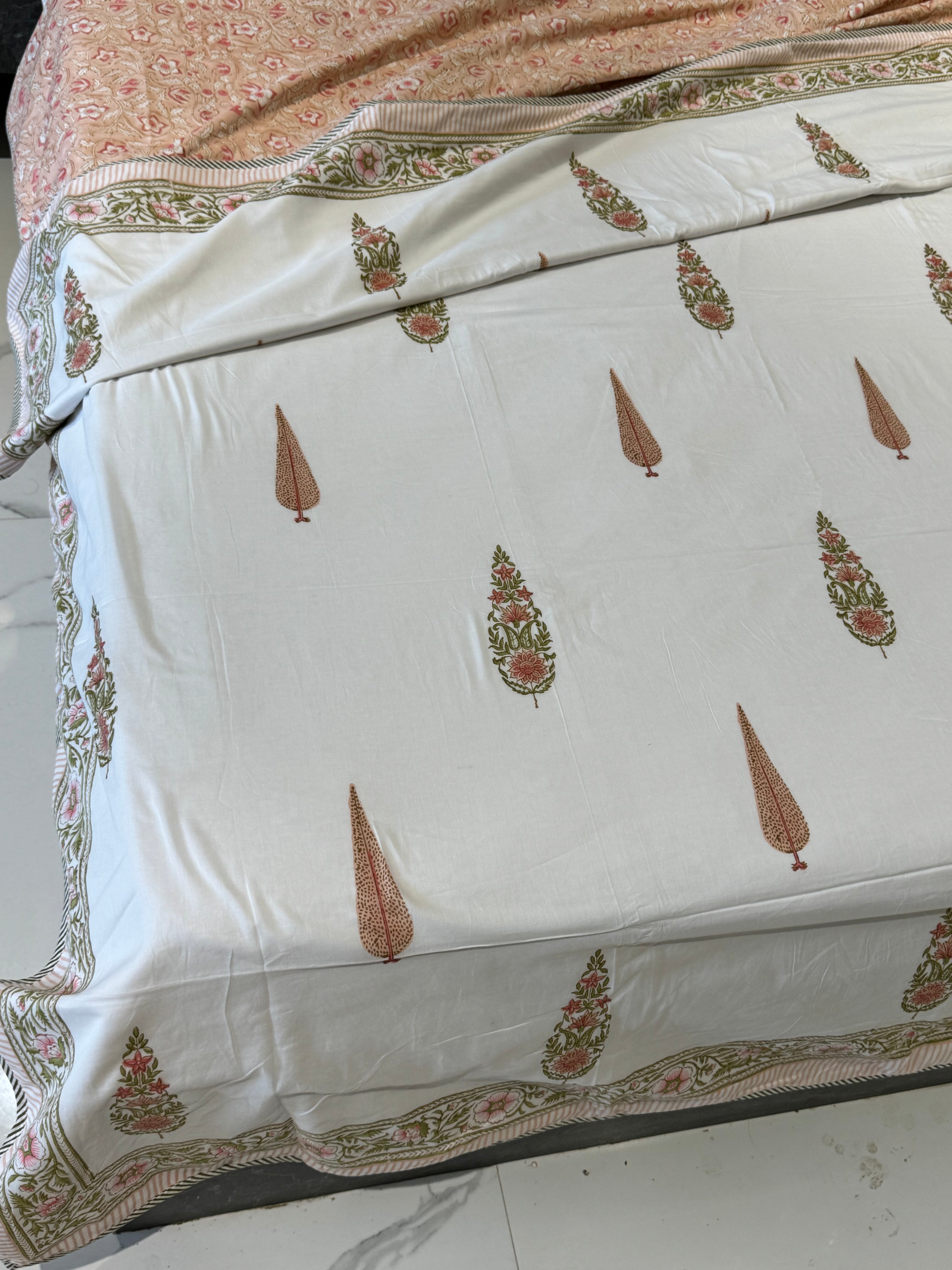 PEACH CYPRESS HANDBLOCK PRINTED REVERSIBLE MULMUL DOHAR by