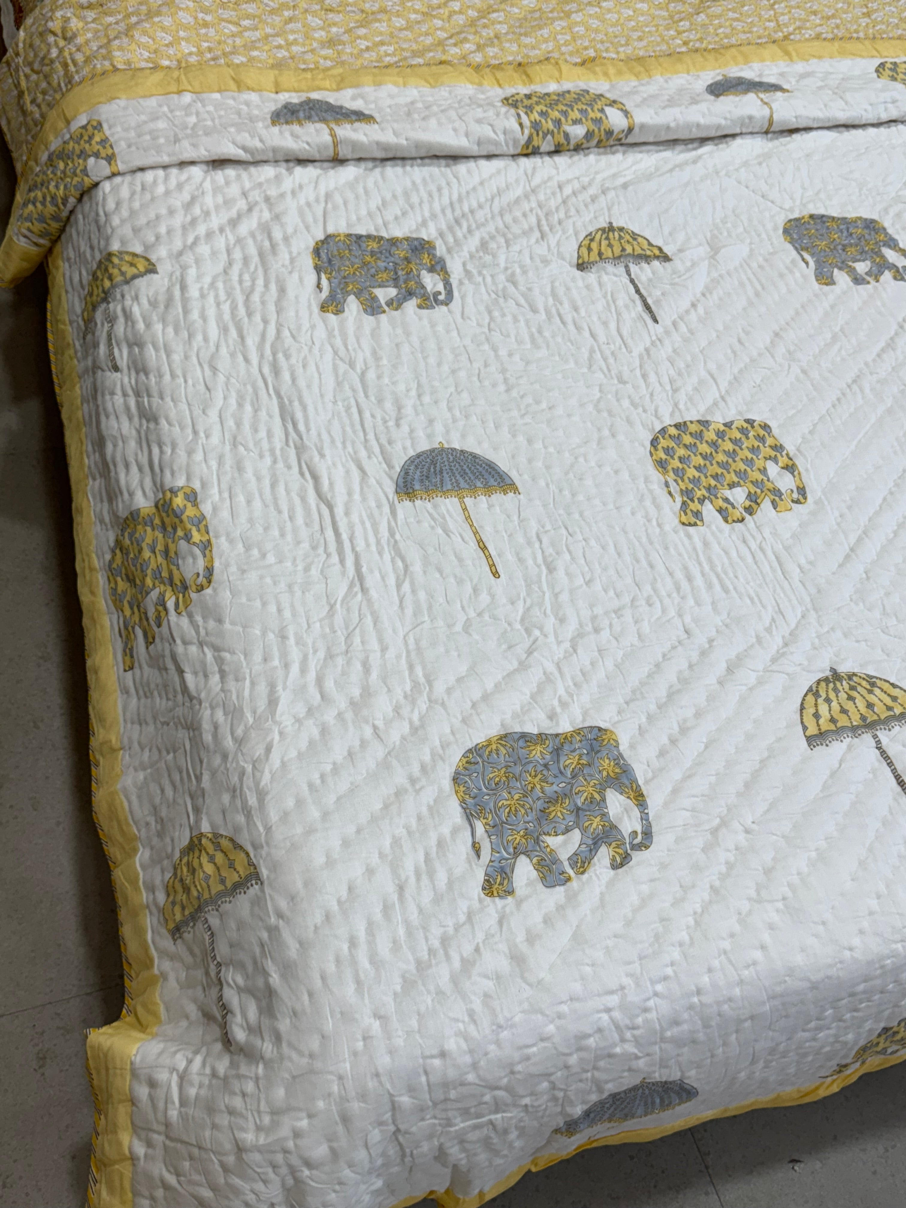 YELLOW ELEPHANT HANDBLOCK PRINTED SINGLE QUILT