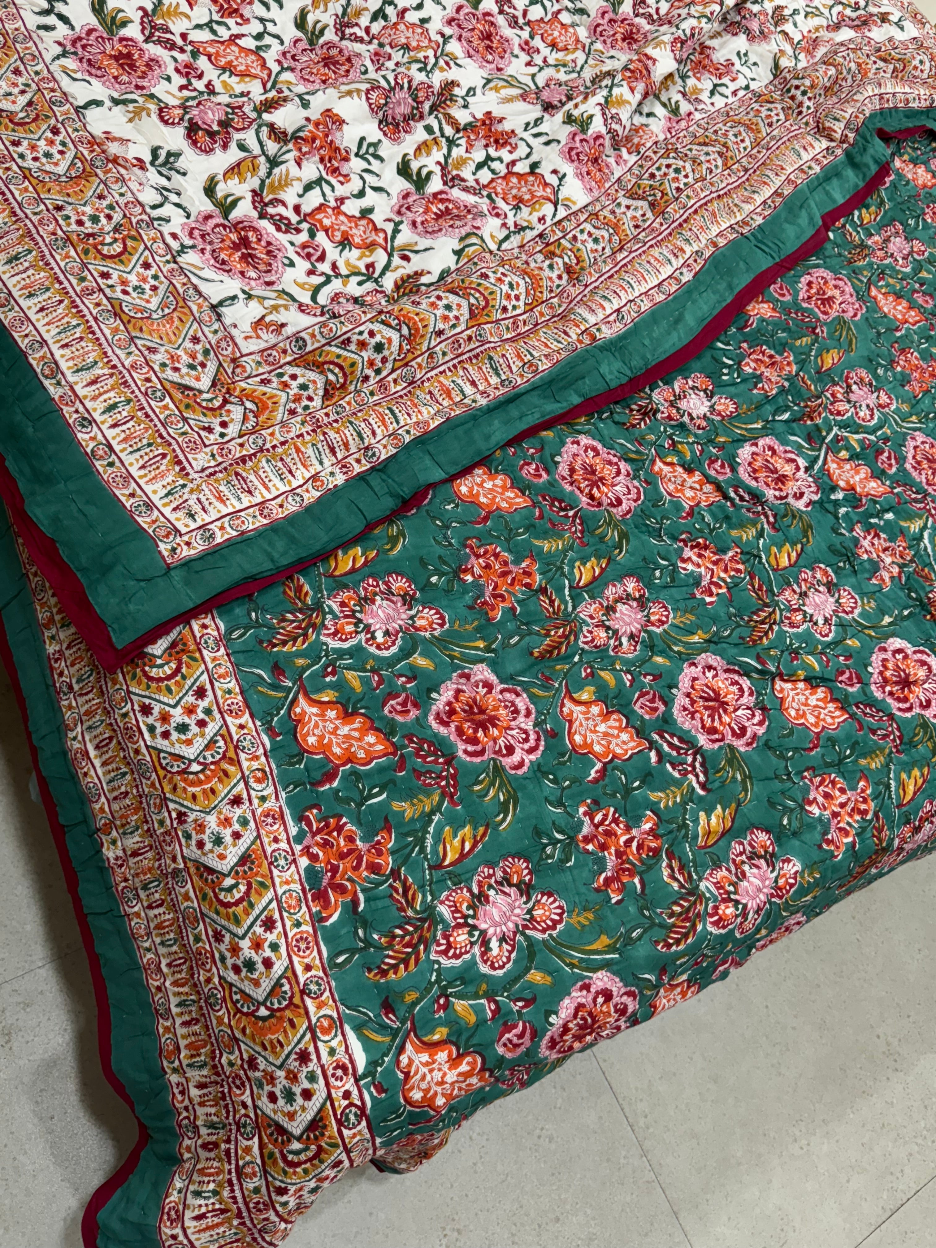 FESTIVE HAND BLOCK PRINTED REVERSIBLE QUILT (DOUBLE BED)