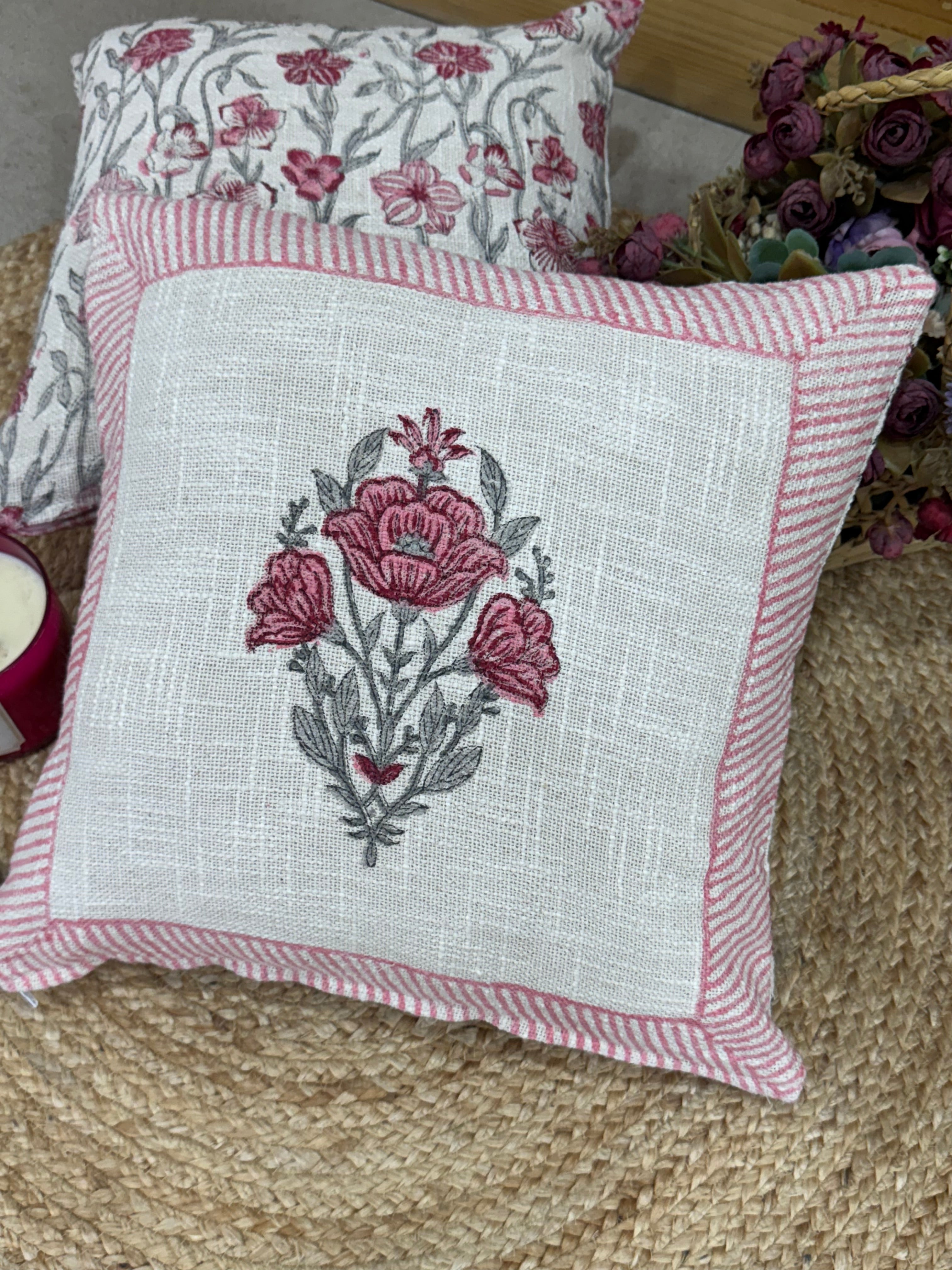 A PAIR OF HANDBLOCK PRINTED 16*16 INCHES JUTE CUSHION COVER