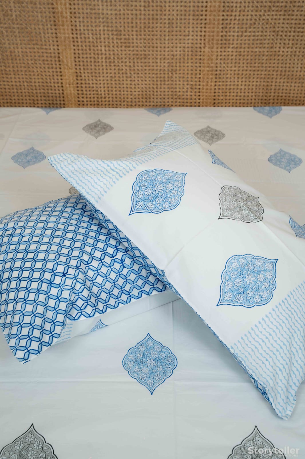 BIANCA HAND BLOCK PRINTED BEDSHEET WITH TWO REVERSIBLE PILLOW COVERS