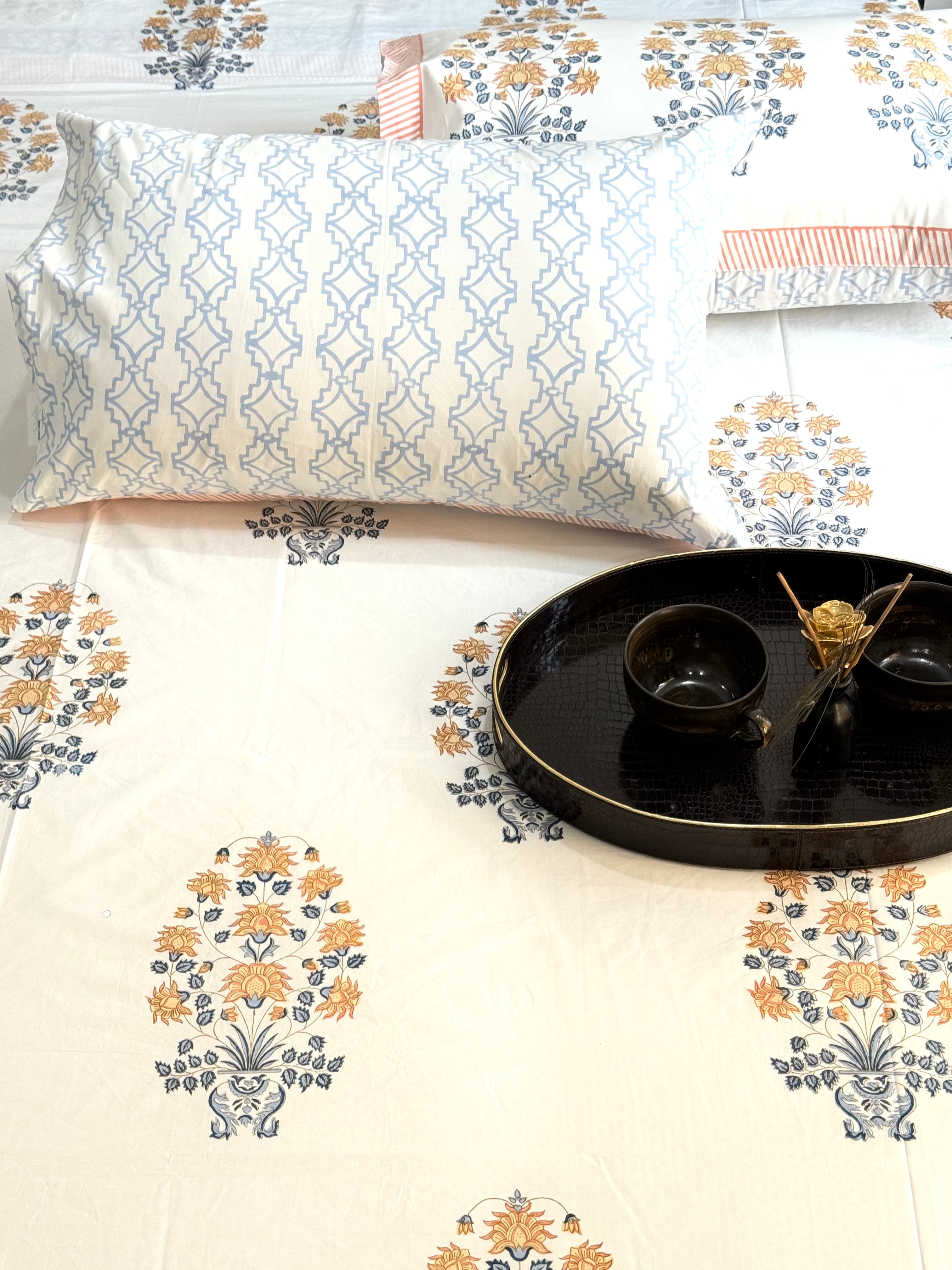 YUGIT HAND BLOCK PRINTED BEDSHEET WITH TWO REVERSIBLE PILLOW COVERS