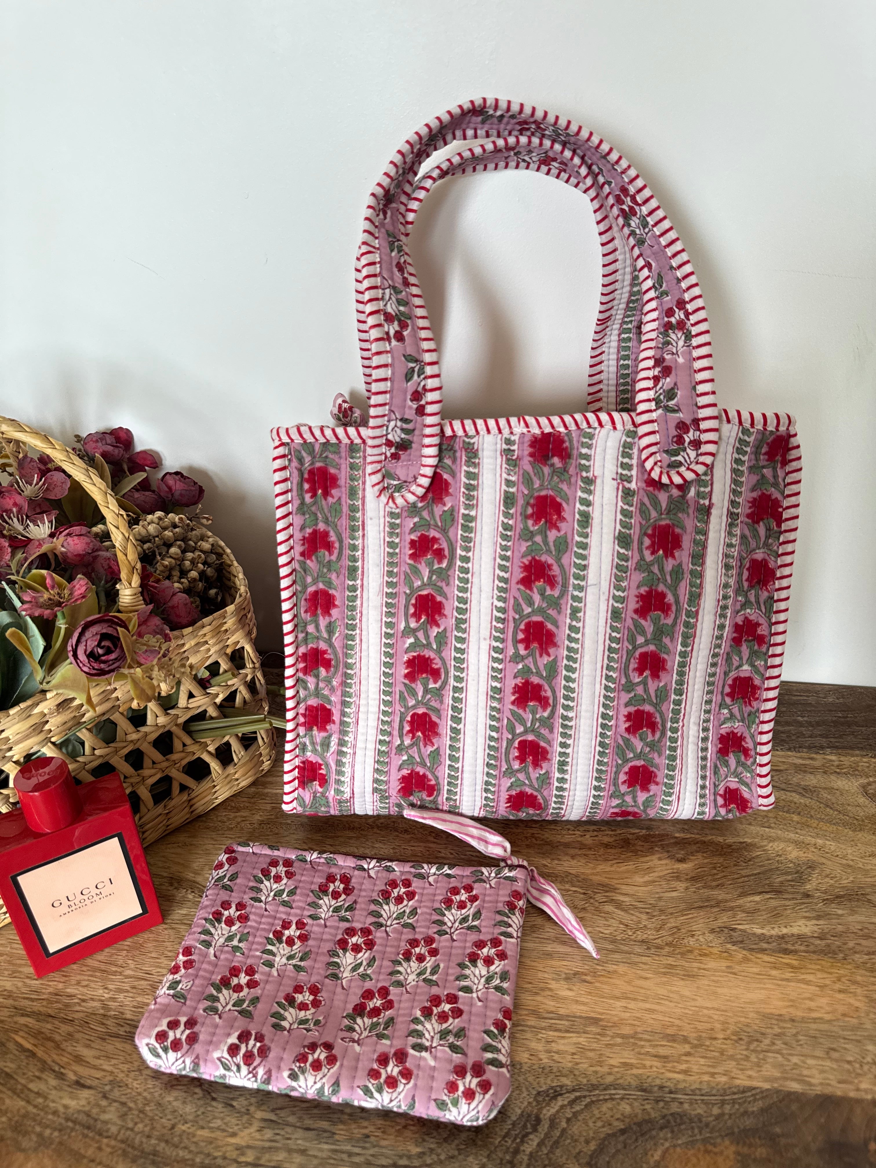 REVERSIBLE MINI TOTE BAG WITH MATCHING FLAT POUCH SET