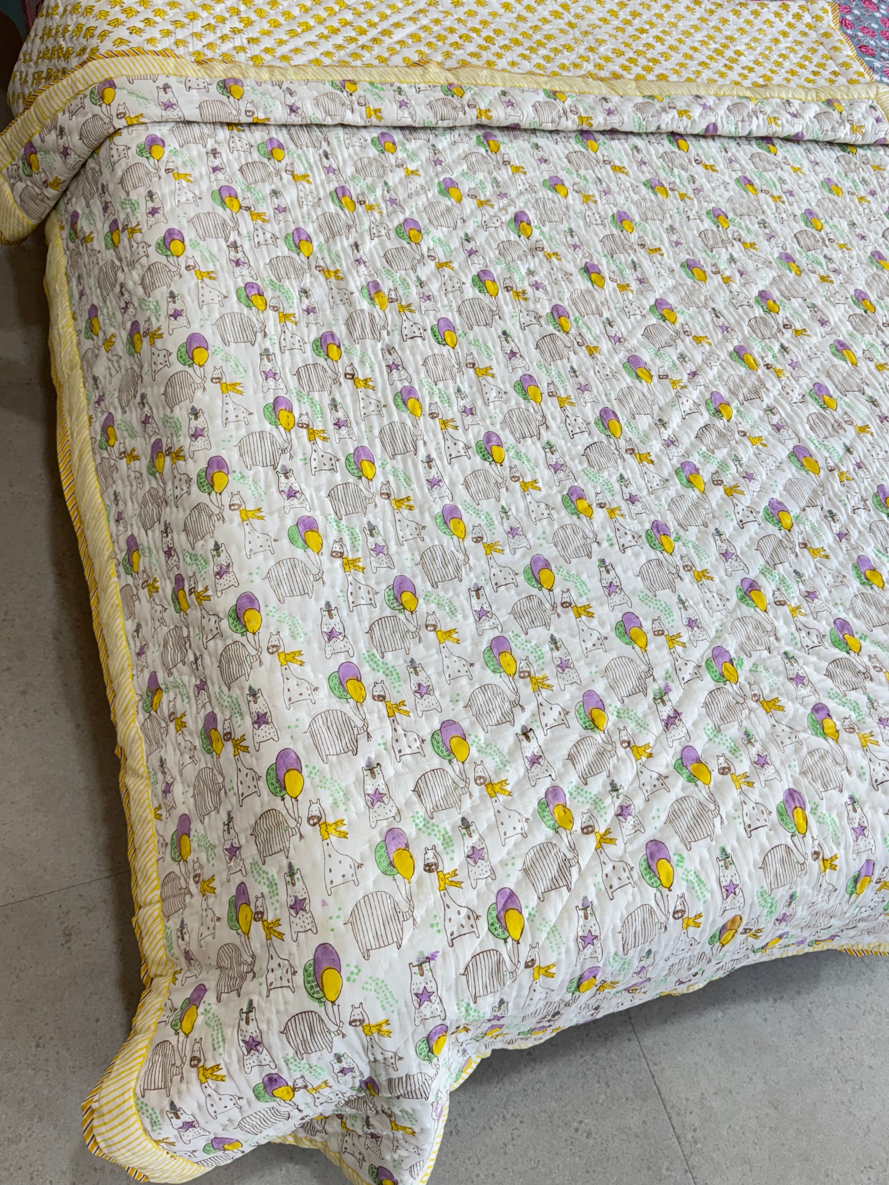 SINGLE BED HANDBLOCK PRINTED REVERSIBLE MULMUL KIDS QUILT (5 years till Adult Size)