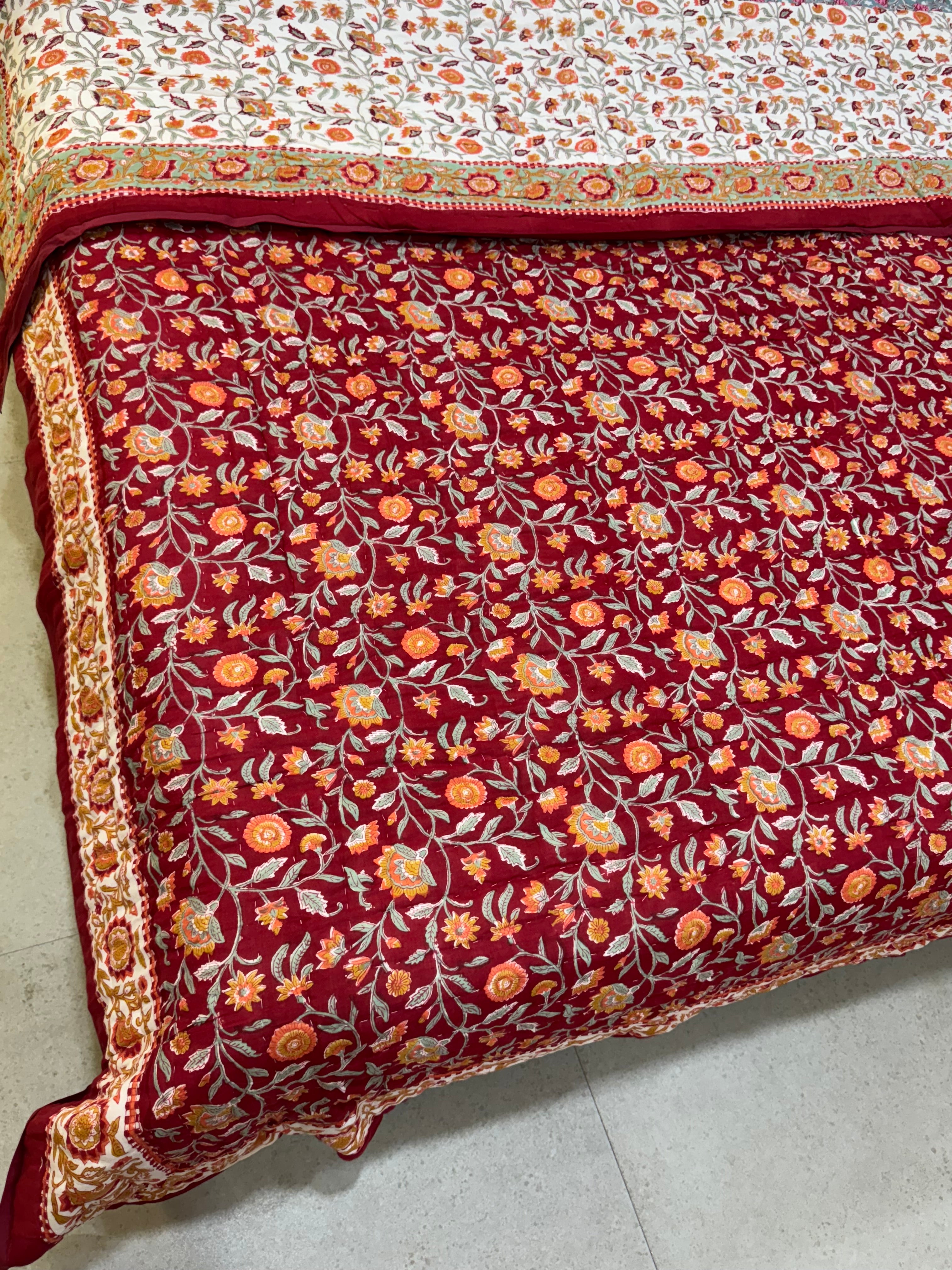 FESTIVE HAND BLOCK PRINTED REVERSIBLE QUILT (DOUBLE BED)