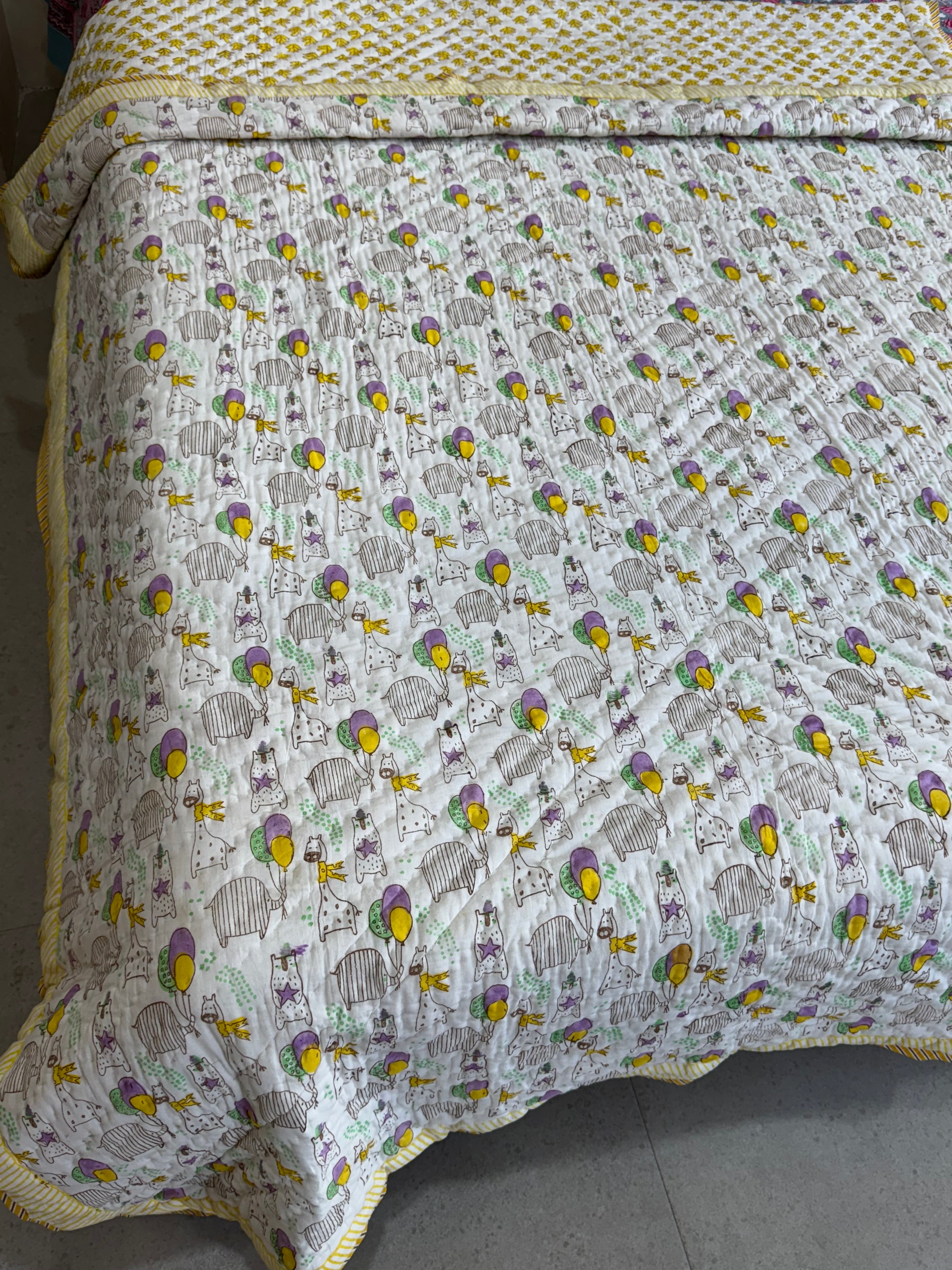 SINGLE BED HANDBLOCK PRINTED REVERSIBLE MULMUL KIDS QUILT (5 years till Adult Size)