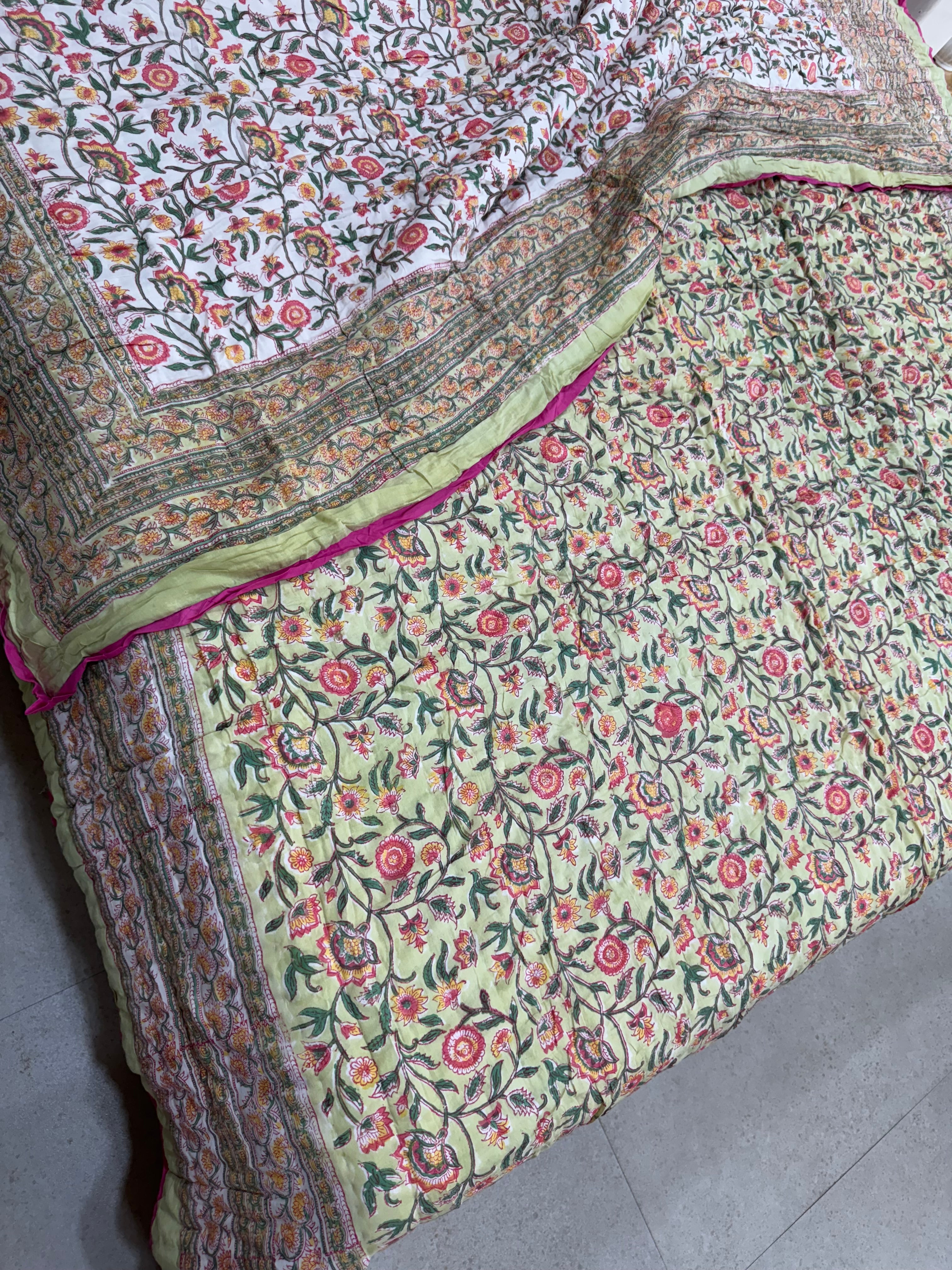 FESTIVE HAND BLOCK PRINTED REVERSIBLE QUILT (DOUBLE BED)