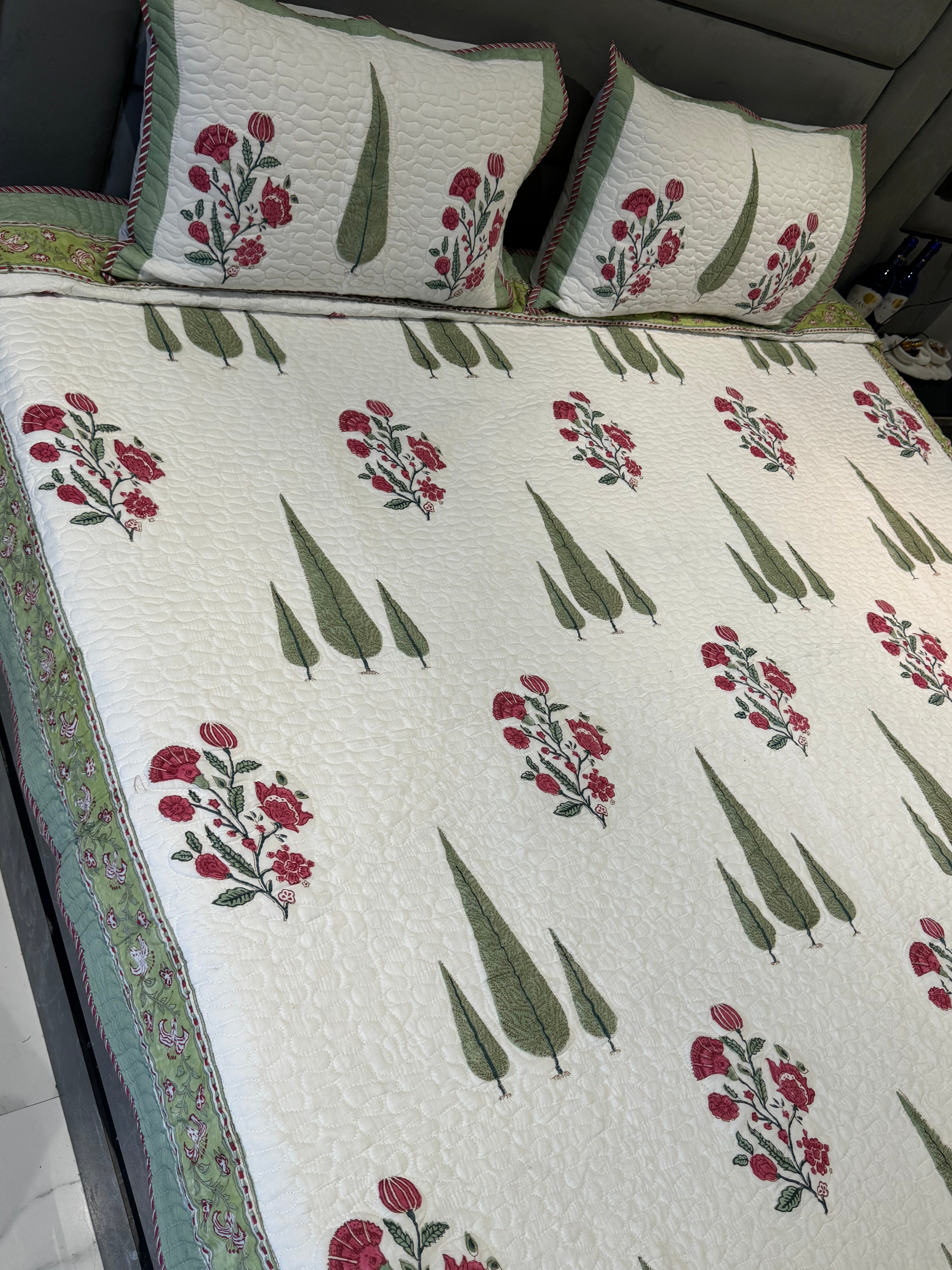 REVERSIBLE TRIPLE CYPRESS HANDBLOCK PRINTED QUILTED BEDCOVER