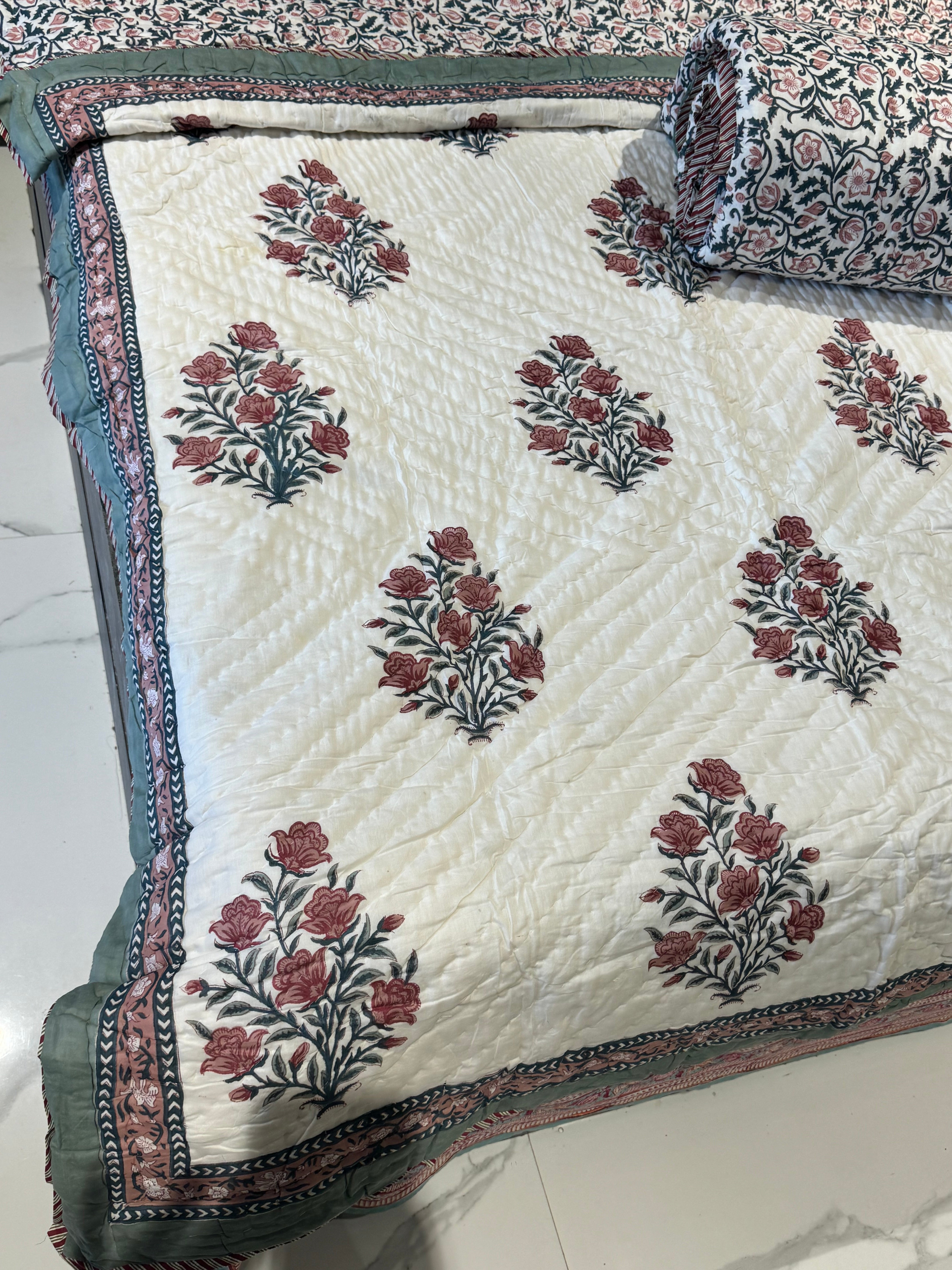 TERRACOTTA HANDBLOCK PRINTED SINGLE QUILT