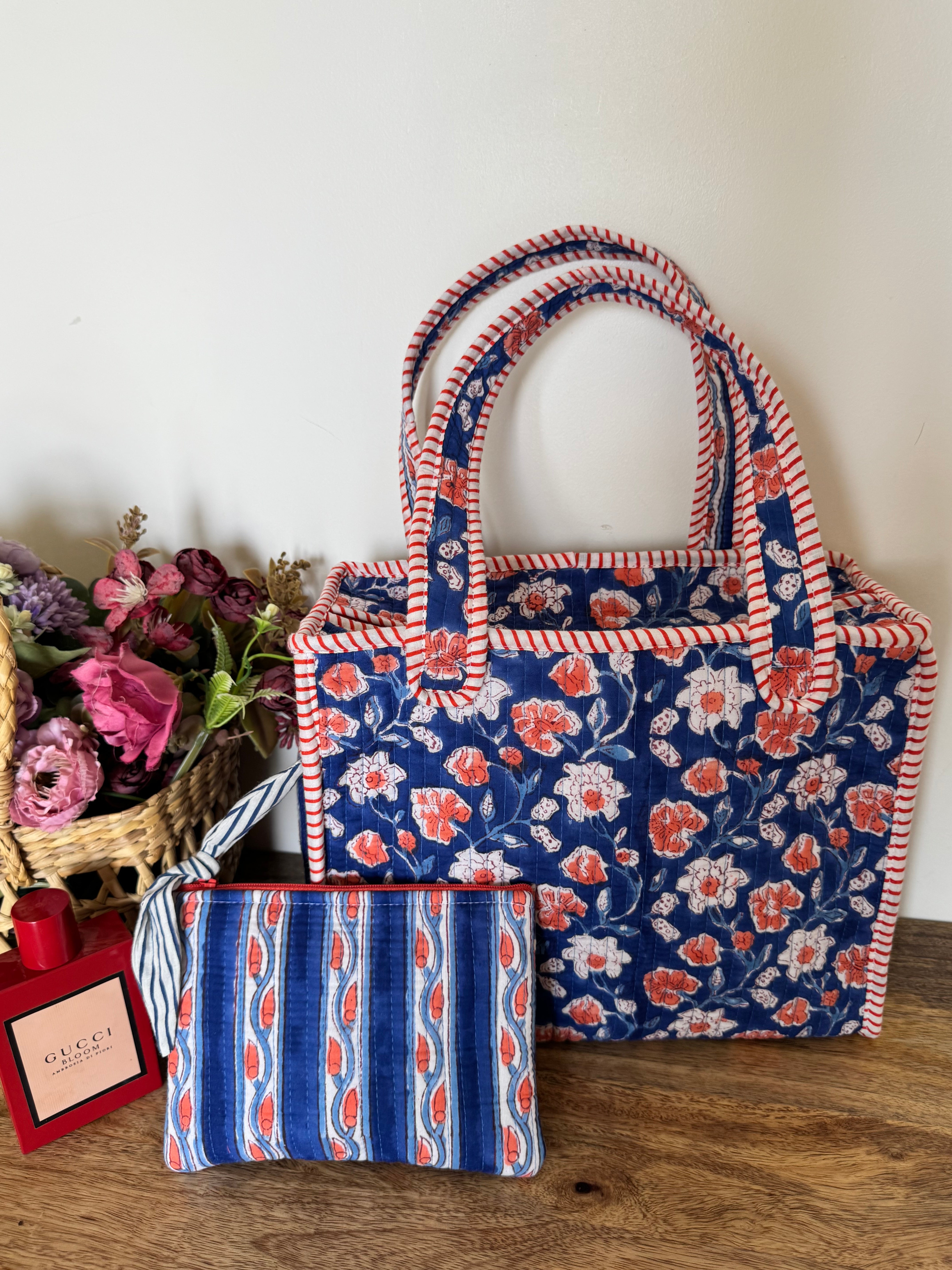 REVERSIBLE MINI TOTE BAG WITH MATCHING FLAT POUCH SET