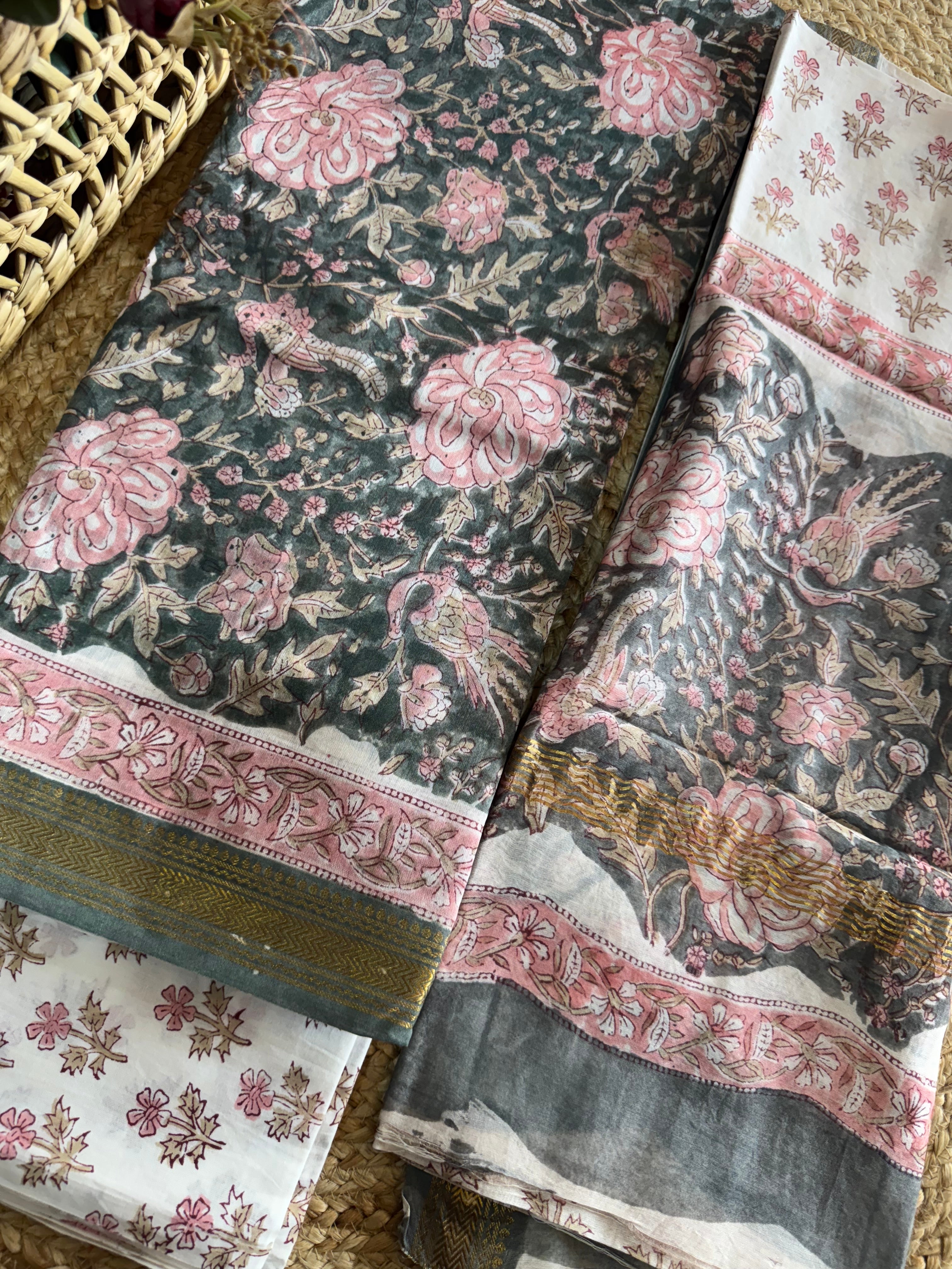 HAND BLOCK PRINTED MAHESHWARI UNSTITCHED SUIT