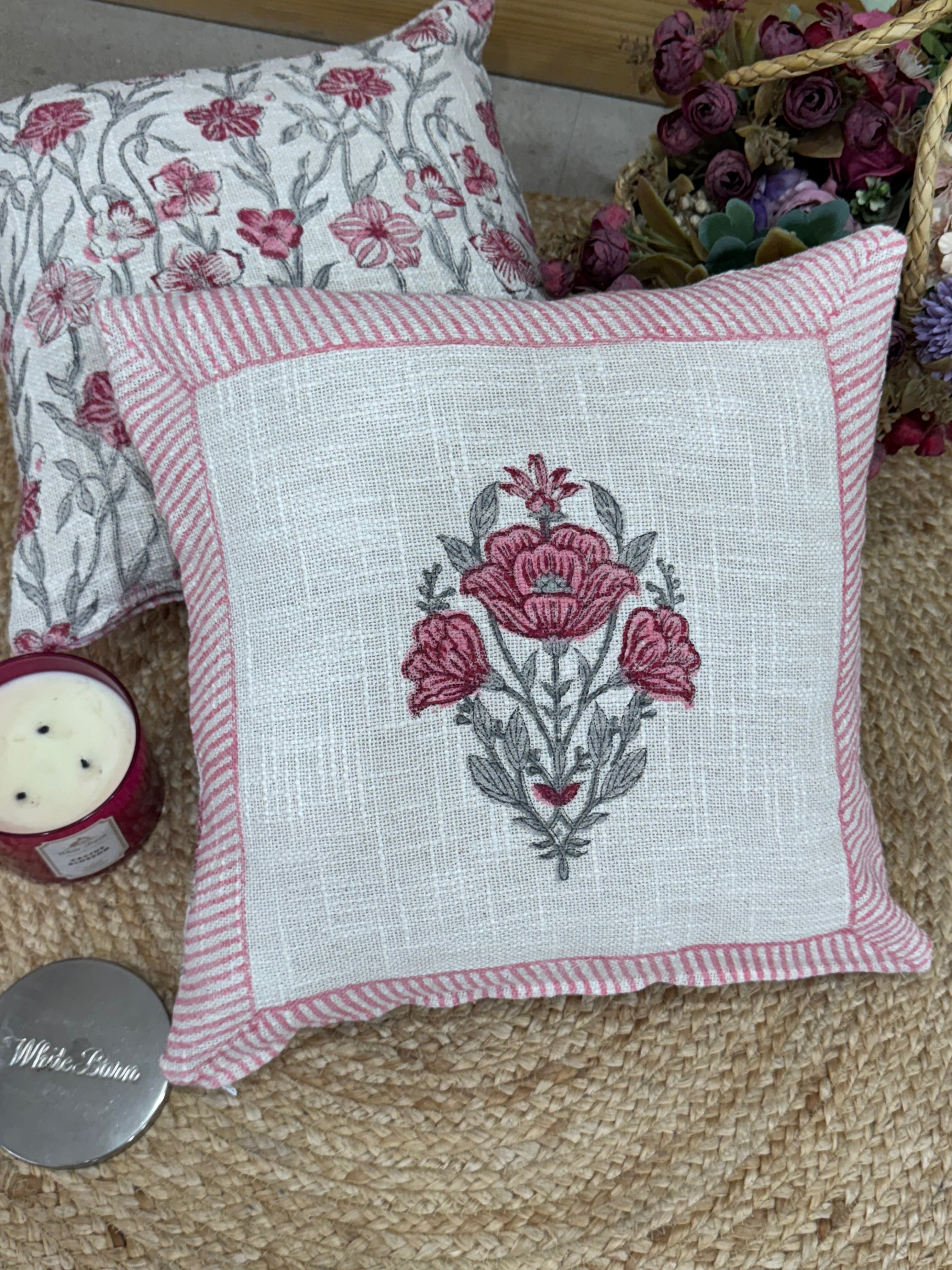 A PAIR OF HANDBLOCK PRINTED 16*16 INCHES JUTE CUSHION COVER