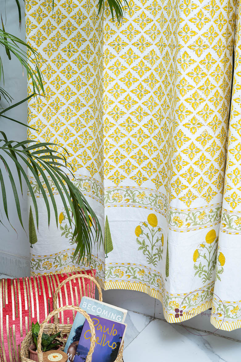YELLOW MARIGOLD DARK HANDBLOCK PRINTED CURTAIN