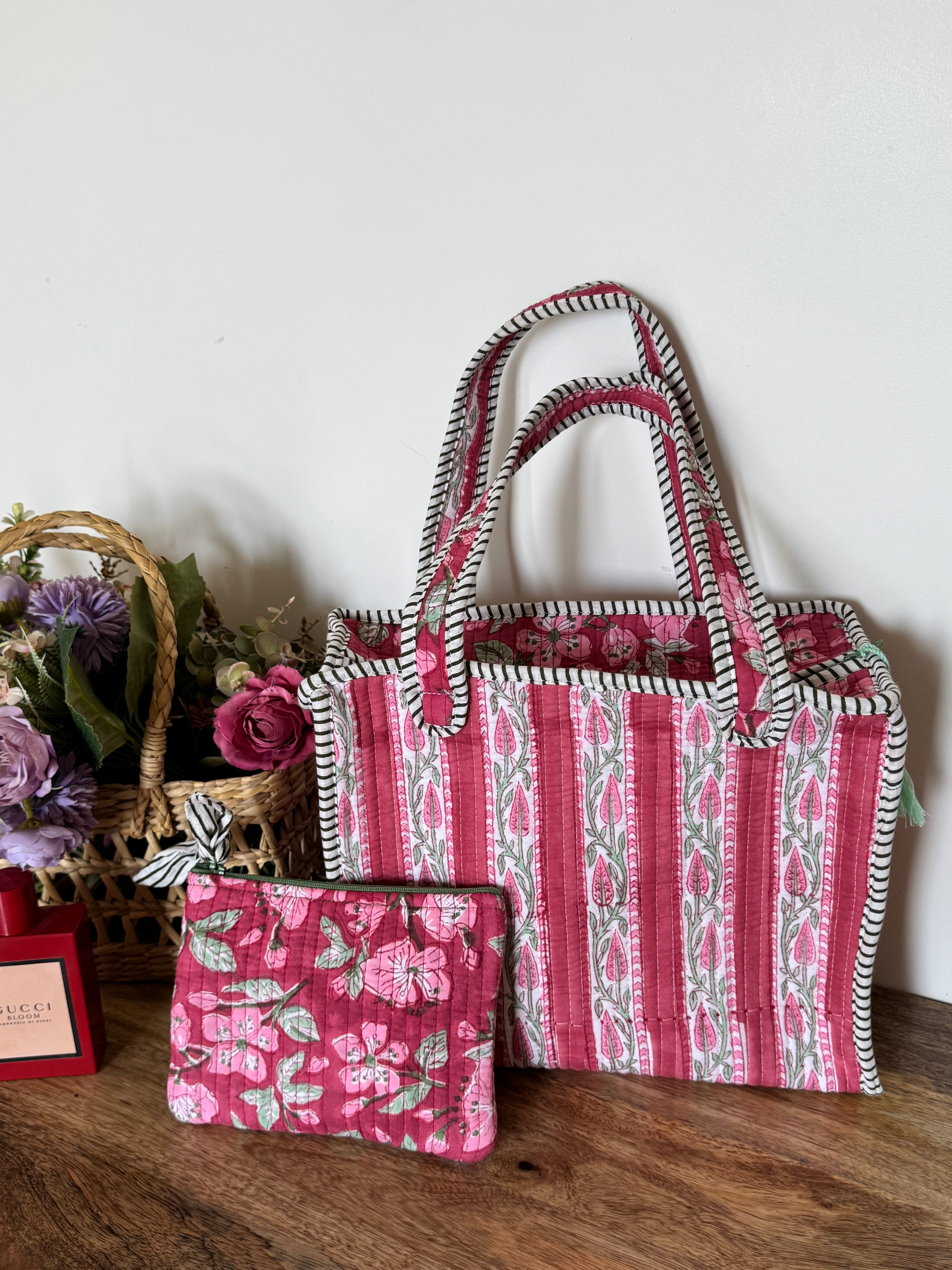 REVERSIBLE MINI TOTE BAG WITH MATCHING FLAT POUCH SET