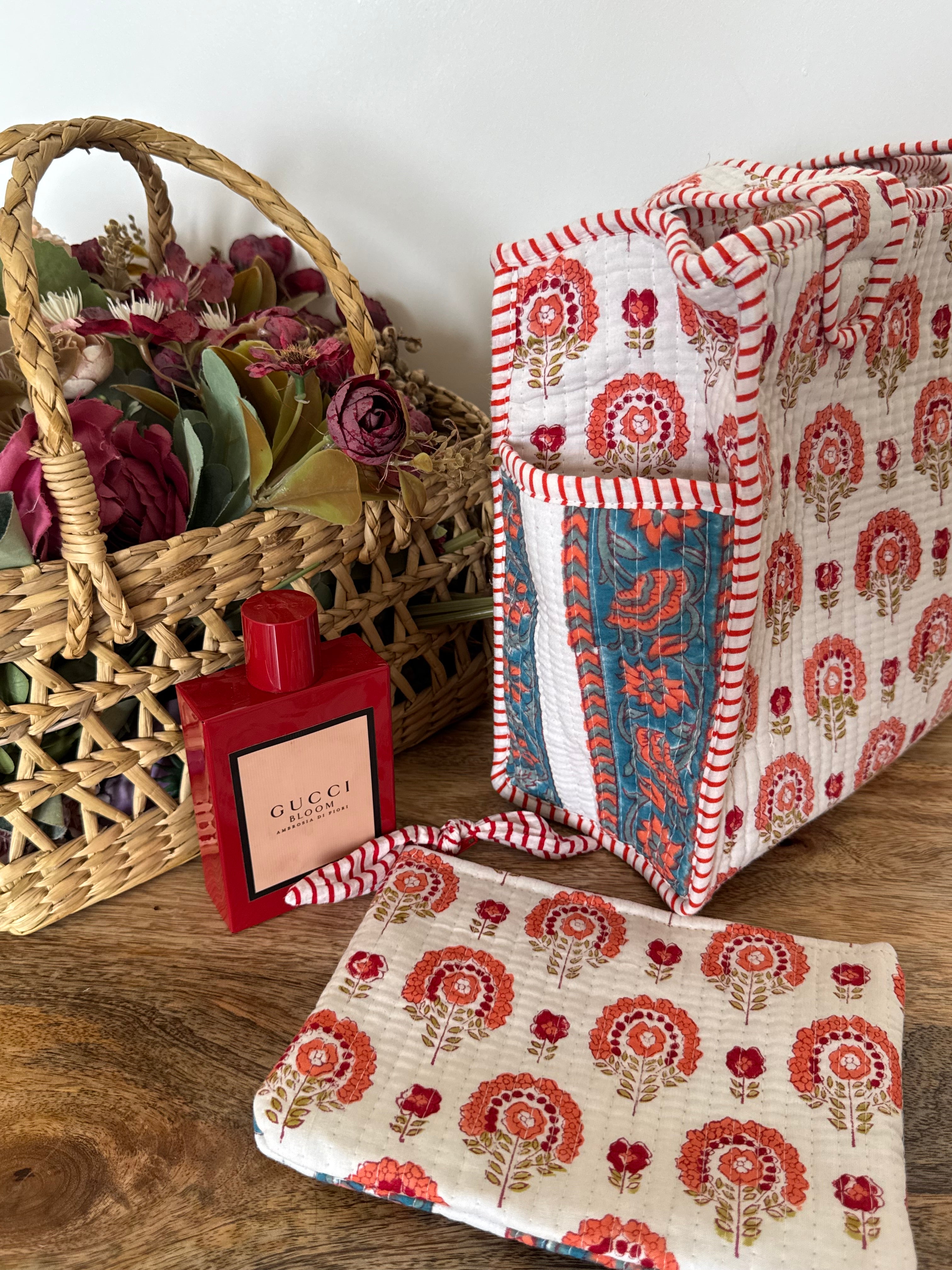 REVERSIBLE MINI TOTE BAG WITH MATCHING FLAT POUCH SET