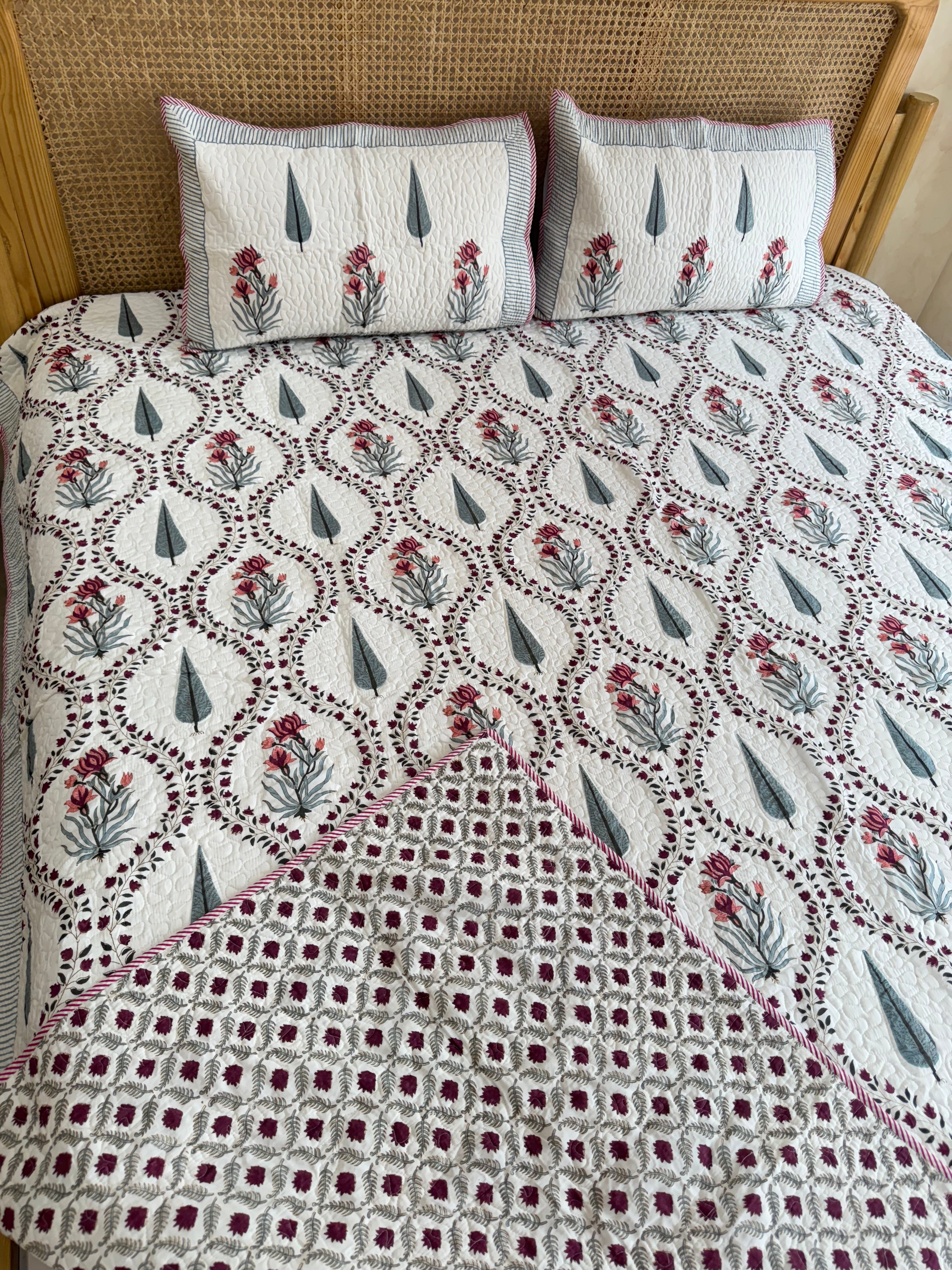 HANDBLOCK PRINTED REVERSIBLE QUILTED BEDCOVER 90*108 inches
